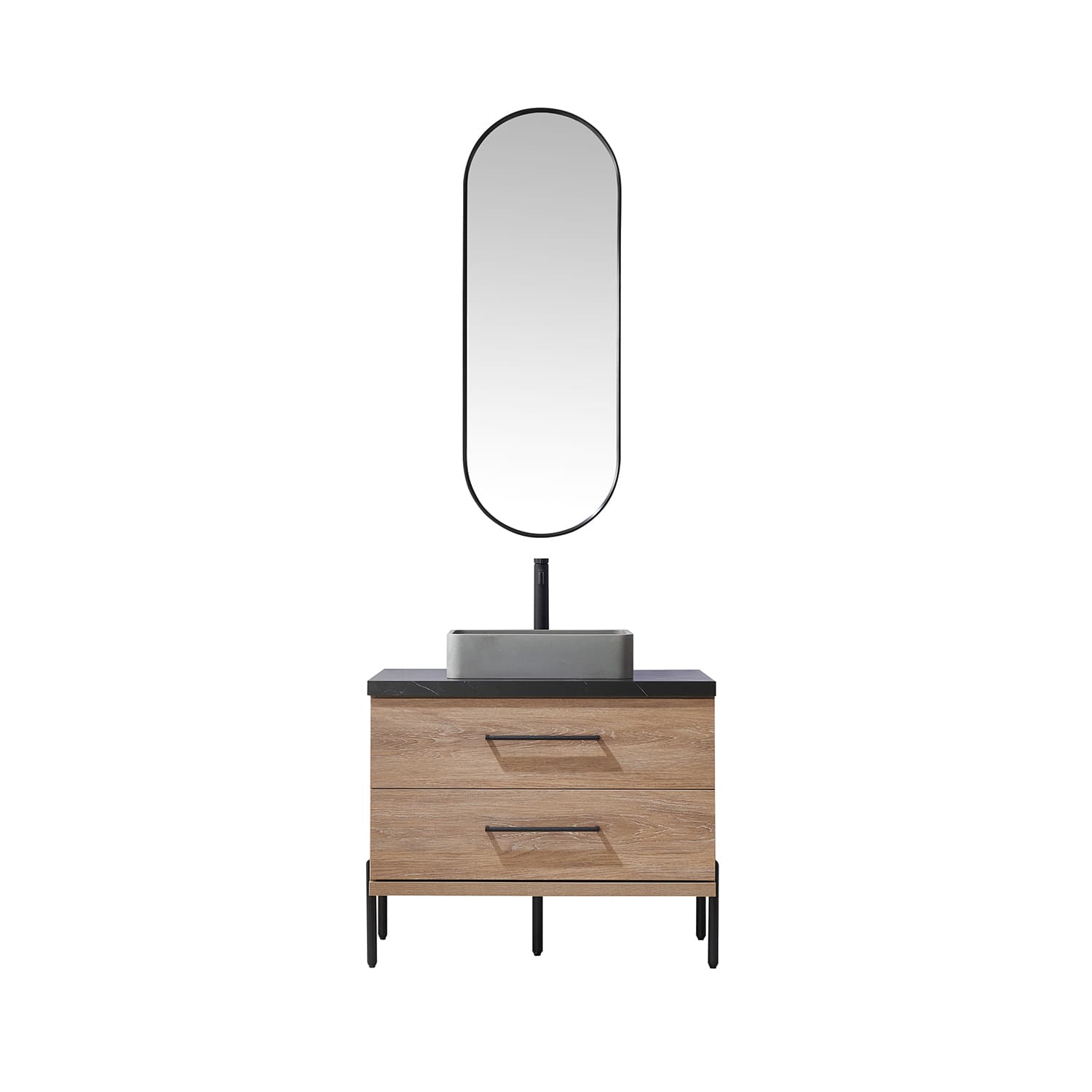 Trento 36" Single Sink Bath Vanity in North American Oak with Black Sintered Stone Top with Concrete Sink and Mirror material
