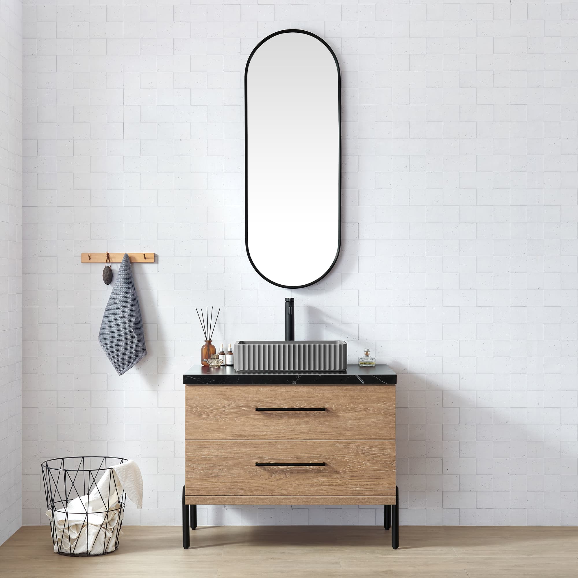 Trento 36A" Single Sink Bath Vanity in North American Oak with Black Sintered Stone Top with Concrete Sink material