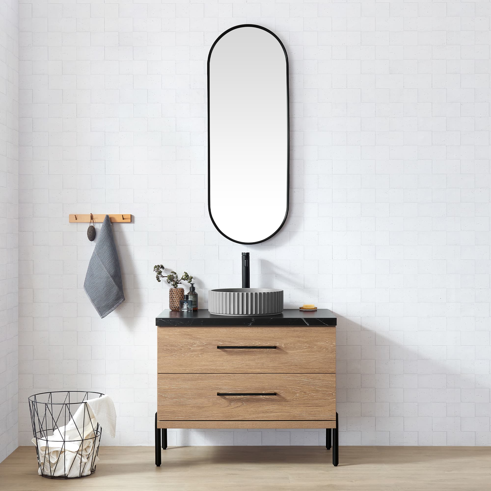 Trento 36B" Single Sink Bath Vanity in North American Oak with Black Sintered Stone Top with Concrete Sink material