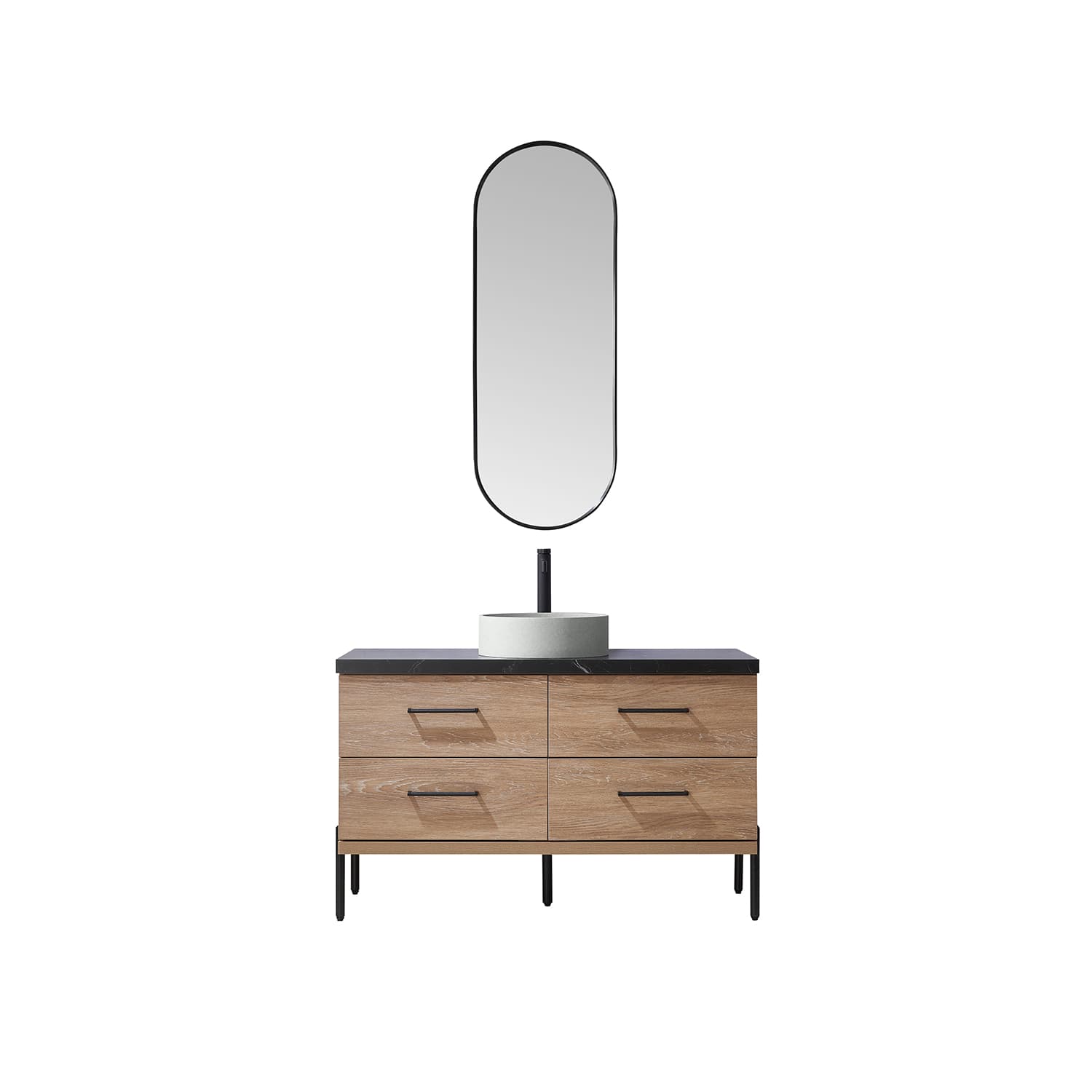Trento 48" Single Sink Bath Vanity in North American Oak with Black Sintered Stone Top with Concrete Sink and Mirror material