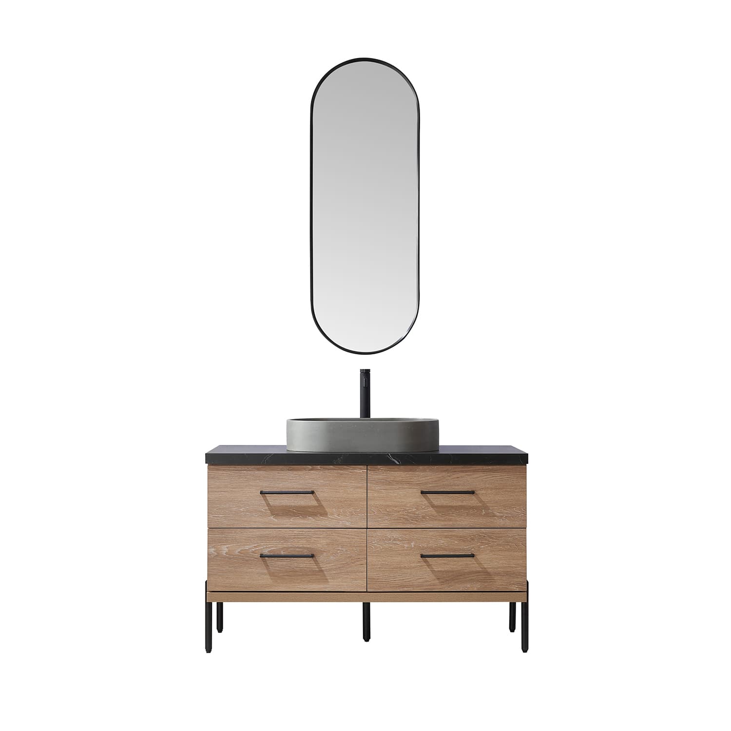 Trento 48" Single Sink Bath Vanity in North American Oak with Black Sintered Stone Top with Concrete Sink and Mirror material