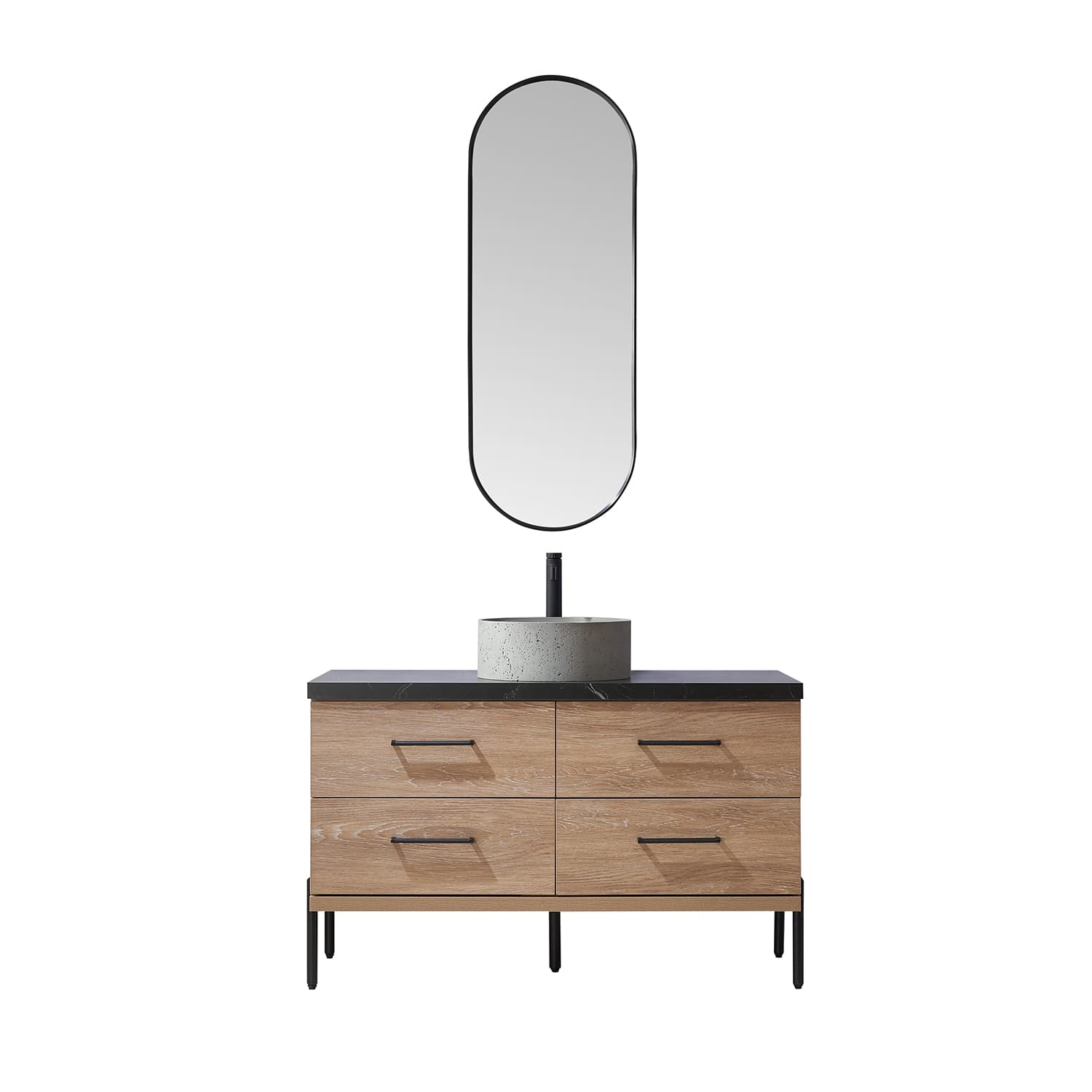 Trento 48" Single Sink Bath Vanity in North American Oak with Black Sintered Stone Top with Concrete Sink and Mirror material