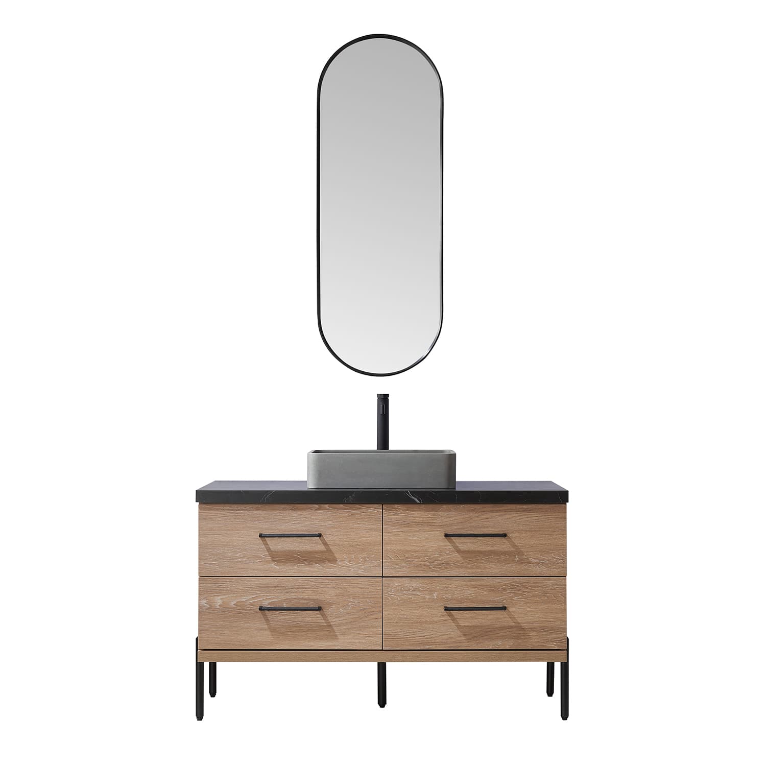 Trento 48" Single Sink Bath Vanity in North American Oak with Black Sintered Stone Top with Concrete Sink and Mirror material
