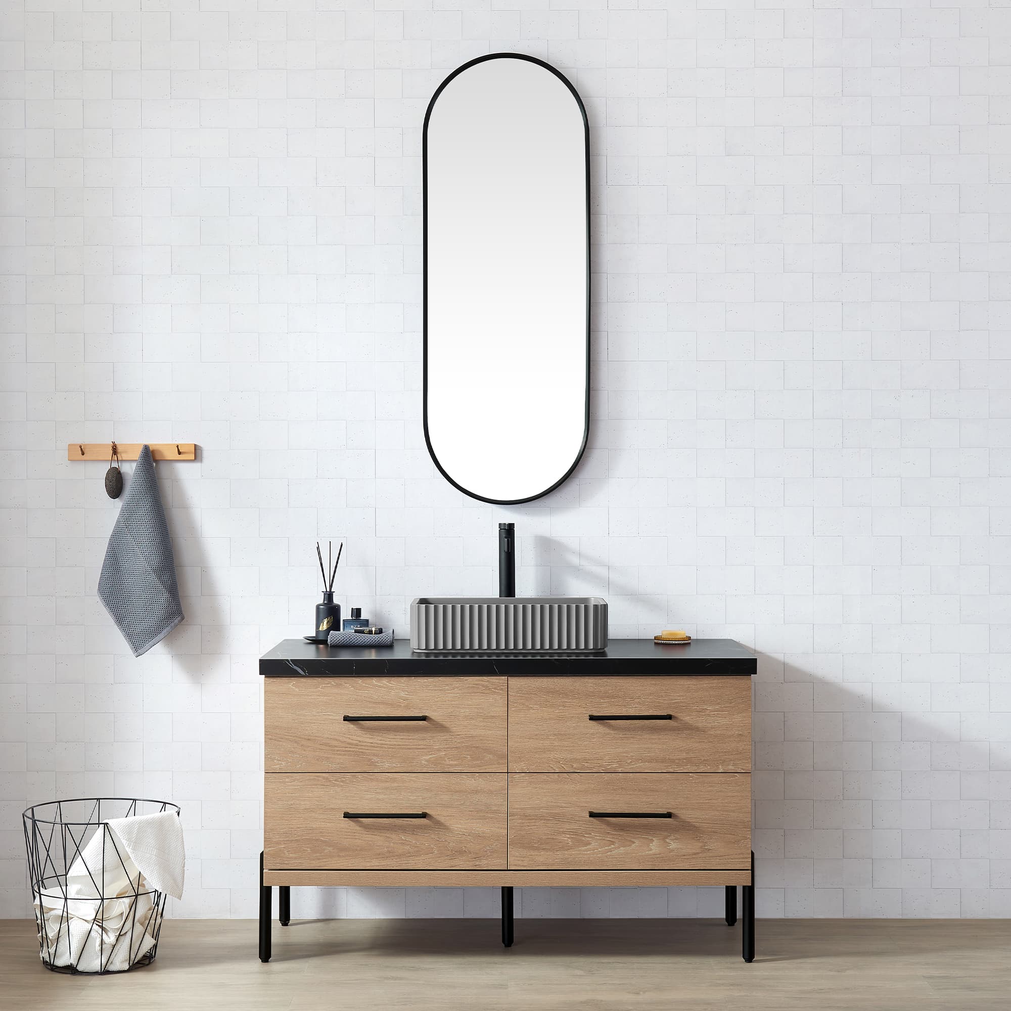 Trento 48A" Single Sink Bath Vanity in North American Oak with Black Sintered Stone Top with Concrete Sink material