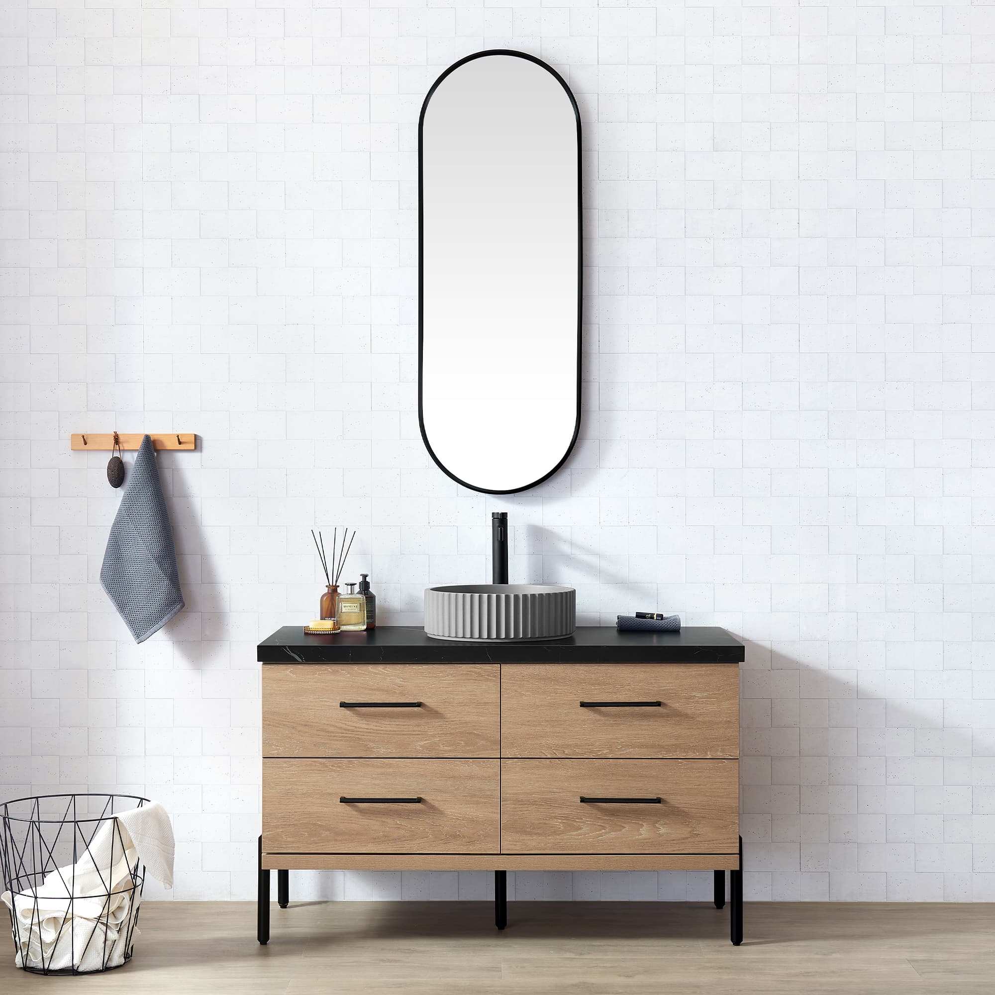 Trento 48B" Single Sink Bath Vanity in North American Oak with Black Sintered Stone Top with Concrete Sink material