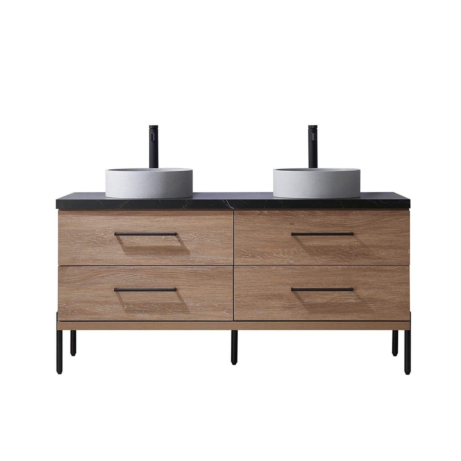 Trento 60" Double Sink Bath Vanity in North American Oak with Black Sintered Stone Top with Concrete Sink material