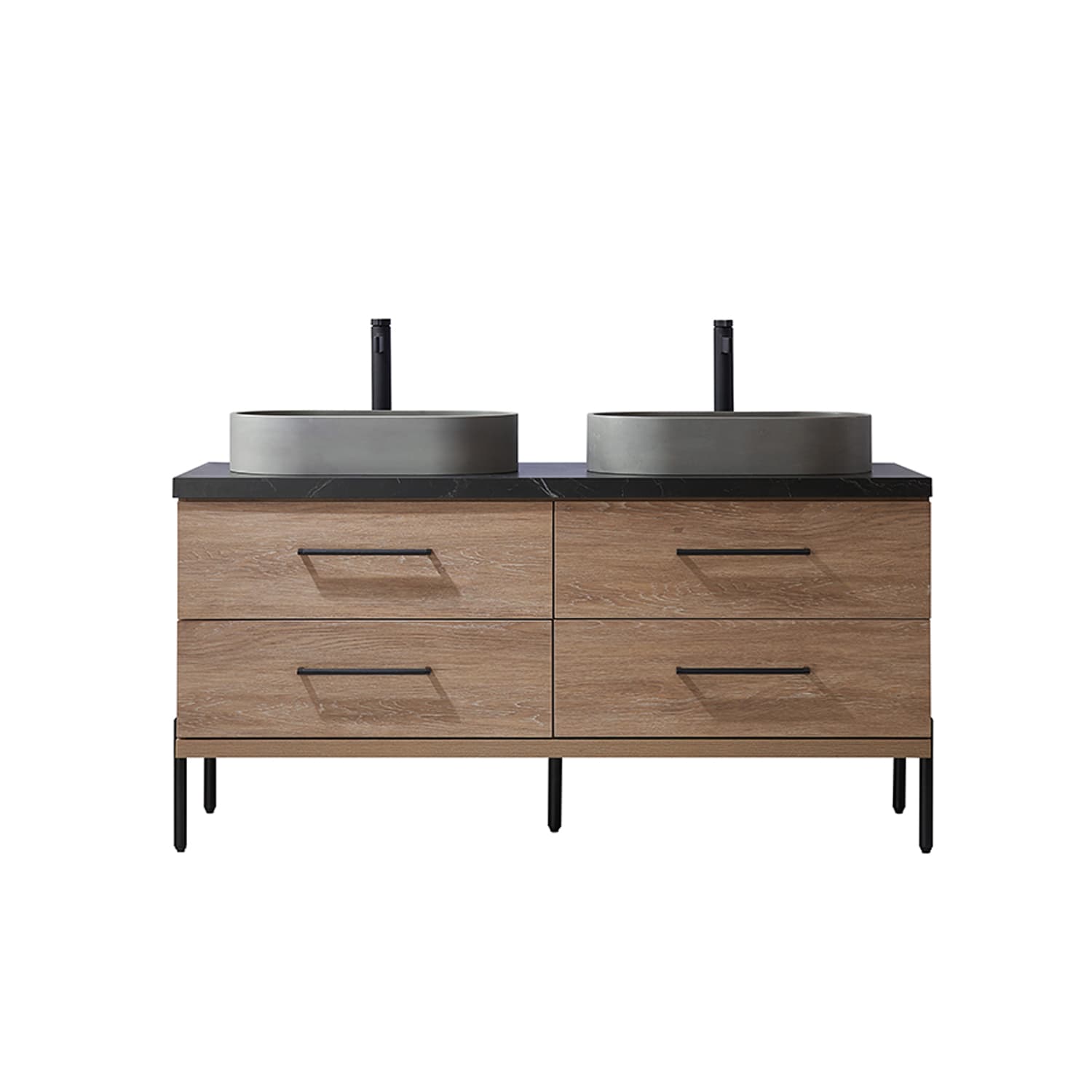 Trento 60" Double Sink Bath Vanity in North American Oak with Black Sintered Stone Top with Concrete Sink material