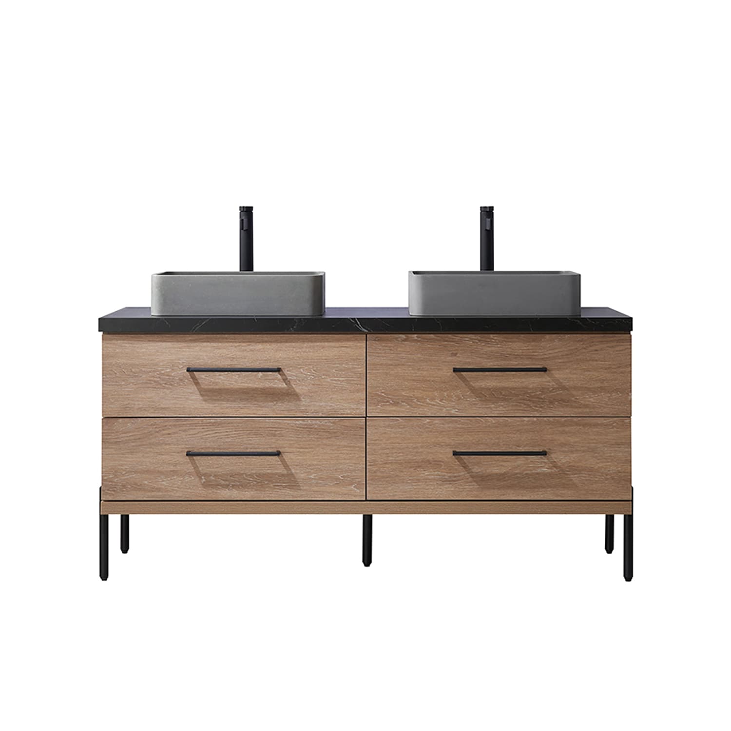 Trento 60" Double Sink Bath Vanity in North American Oak with Black Sintered Stone Top with Concrete Sink material