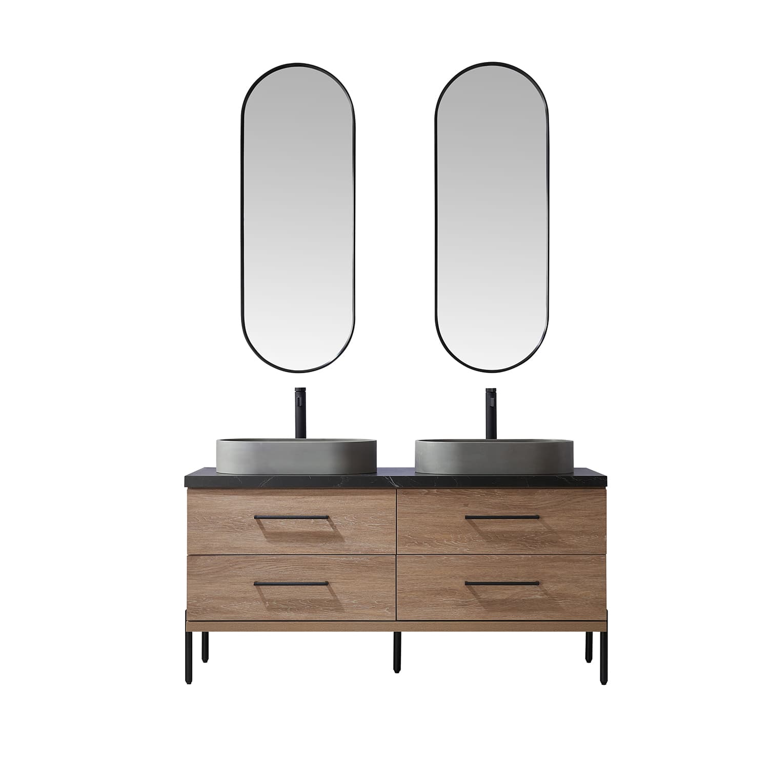 Trento 60" Double Sink Bath Vanity in North American Oak with Black Sintered Stone Top with Concrete Sink and Mirror material