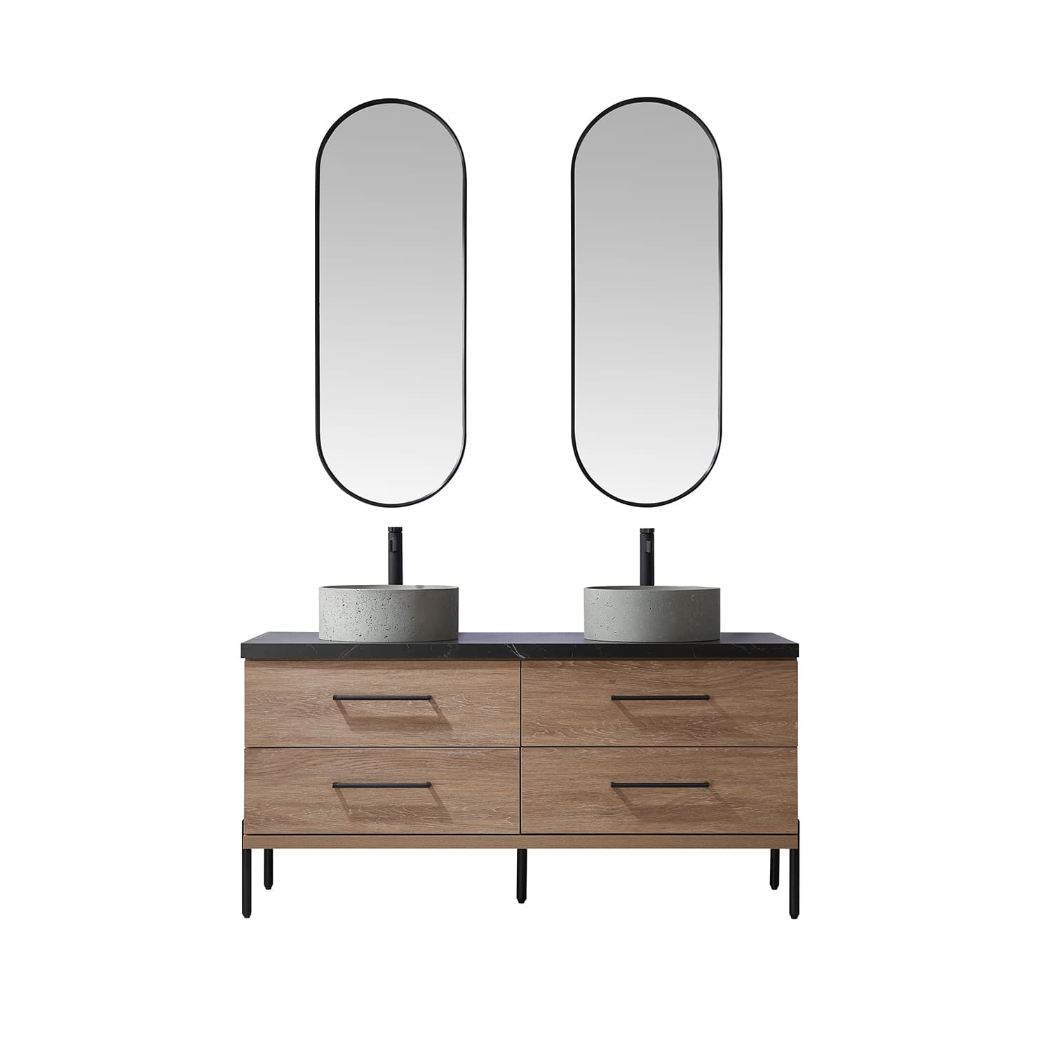 Trento 60" Double Sink Bath Vanity in North American Oak with Black Sintered Stone Top with Concrete Sink and Mirror material