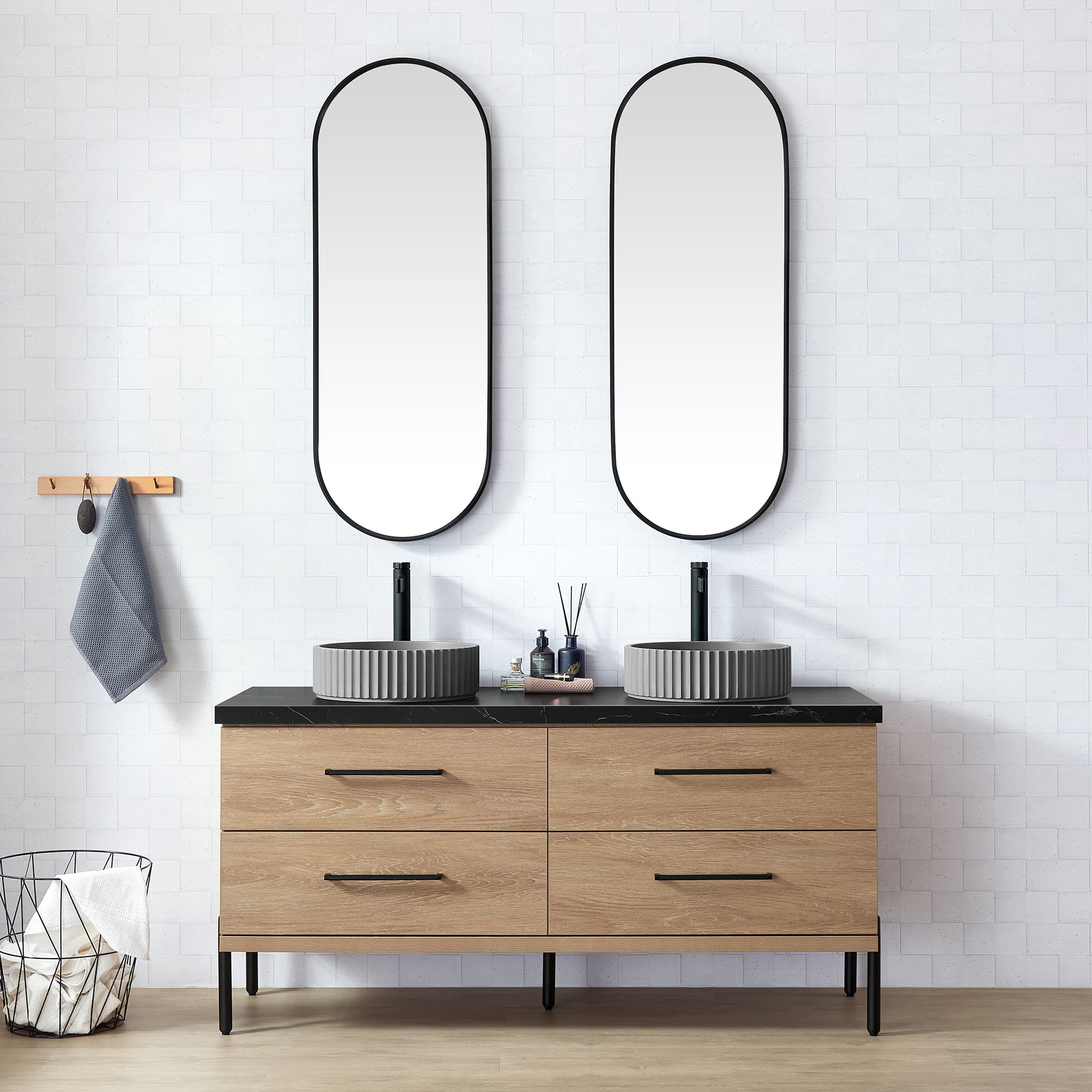 Trento 60B" Double Sink Bath Vanity in North American Oak with Black Sintered Stone Top with Concrete Sink material