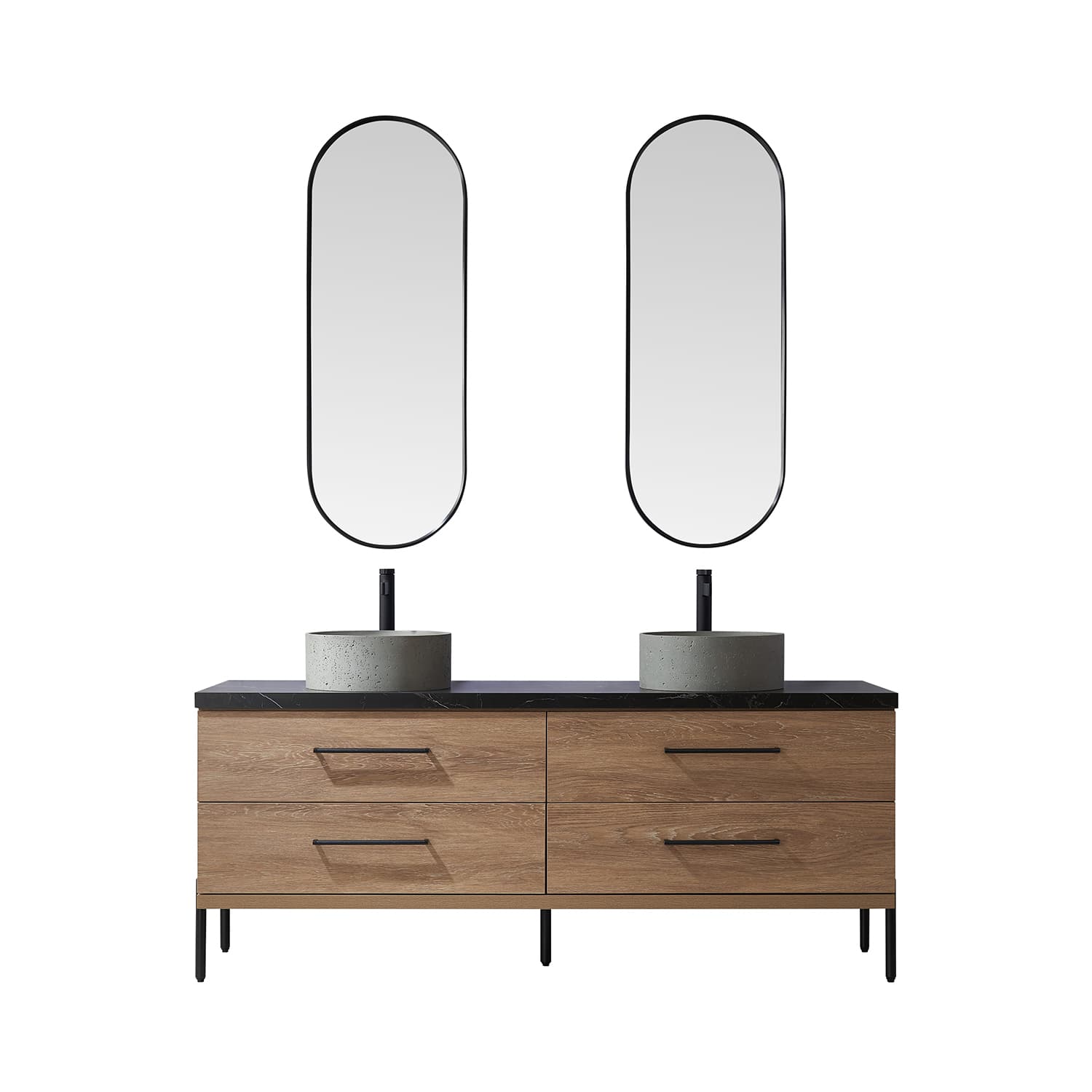 Trento 72" Double Sink Bath Vanity in North American Oak with Black Sintered Stone Top with Concrete Sink and Mirror material