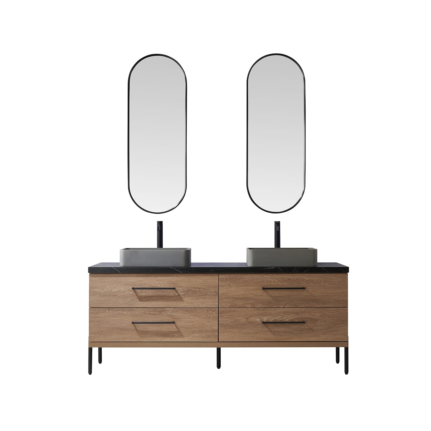 Trento 72" Double Sink Bath Vanity in North American Oak with Black Sintered Stone Top with Concrete Sink and Mirror material