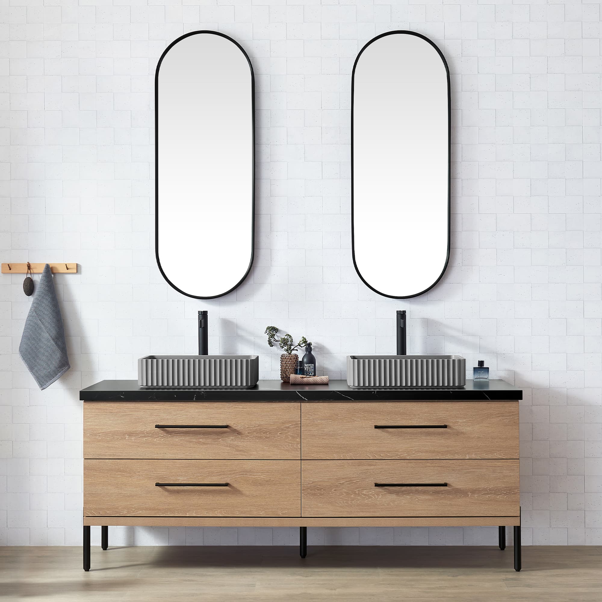 Trento 72A" Double Sink Bath Vanity in North American Oak with Black Sintered Stone Top with Concrete Sink material