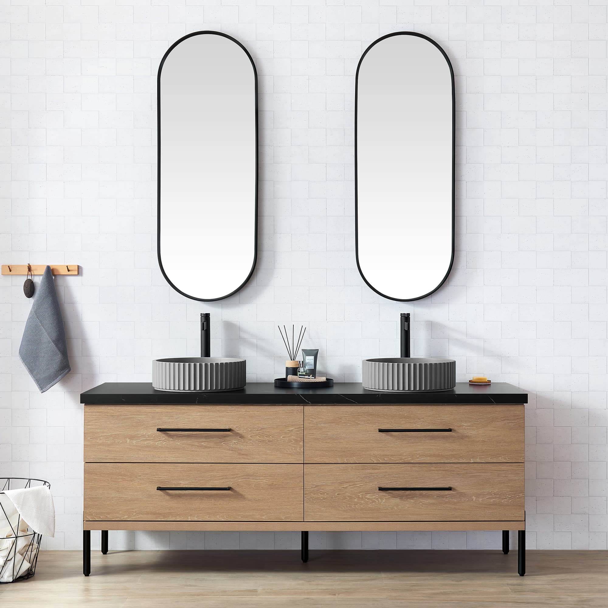 Trento 72B" Double Sink Bath Vanity in North American Oak with Black Sintered Stone Top with Concrete Sink material