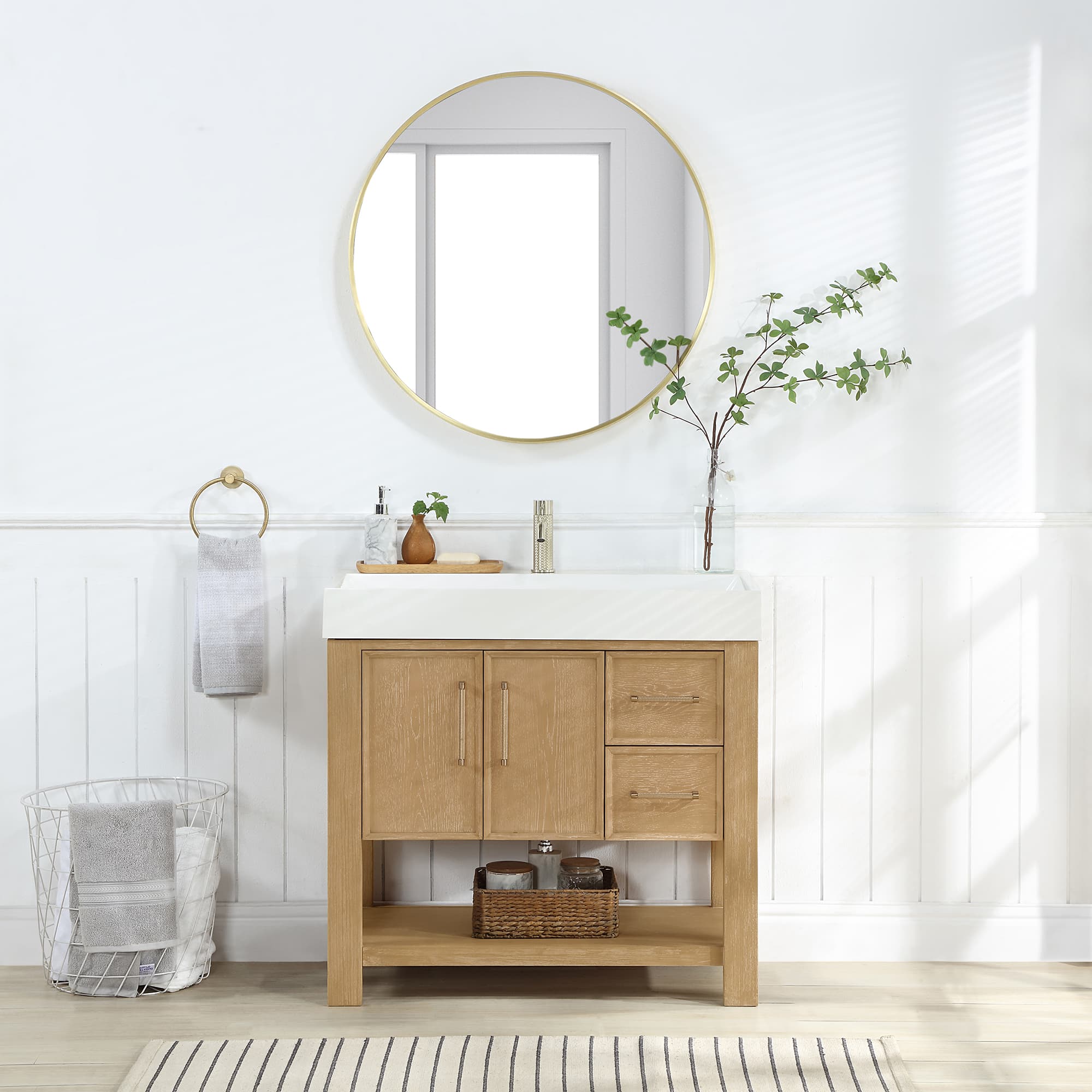 Vera 36" Free-standing Single Bath Vanity in Washed Ash Grey with White Integrated Stone Sink Top material