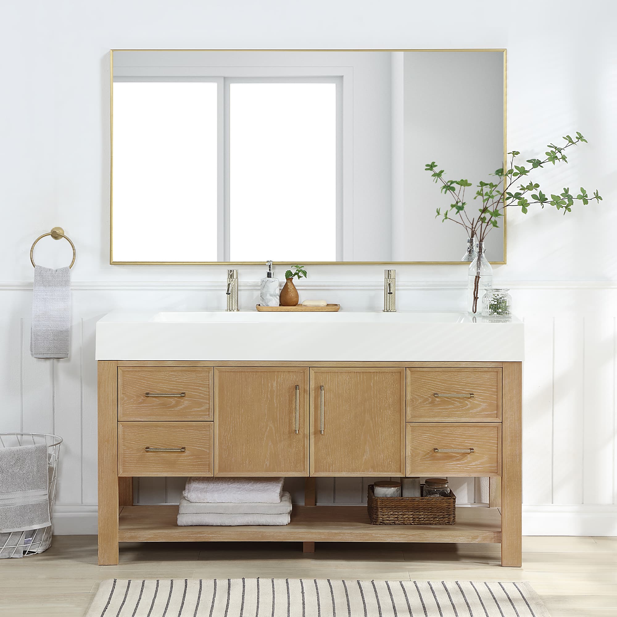 Vera 60" Free-standing Single Bath Vanity in Washed Ash Grey with White Integrated Stone Sink Top and Mirror material