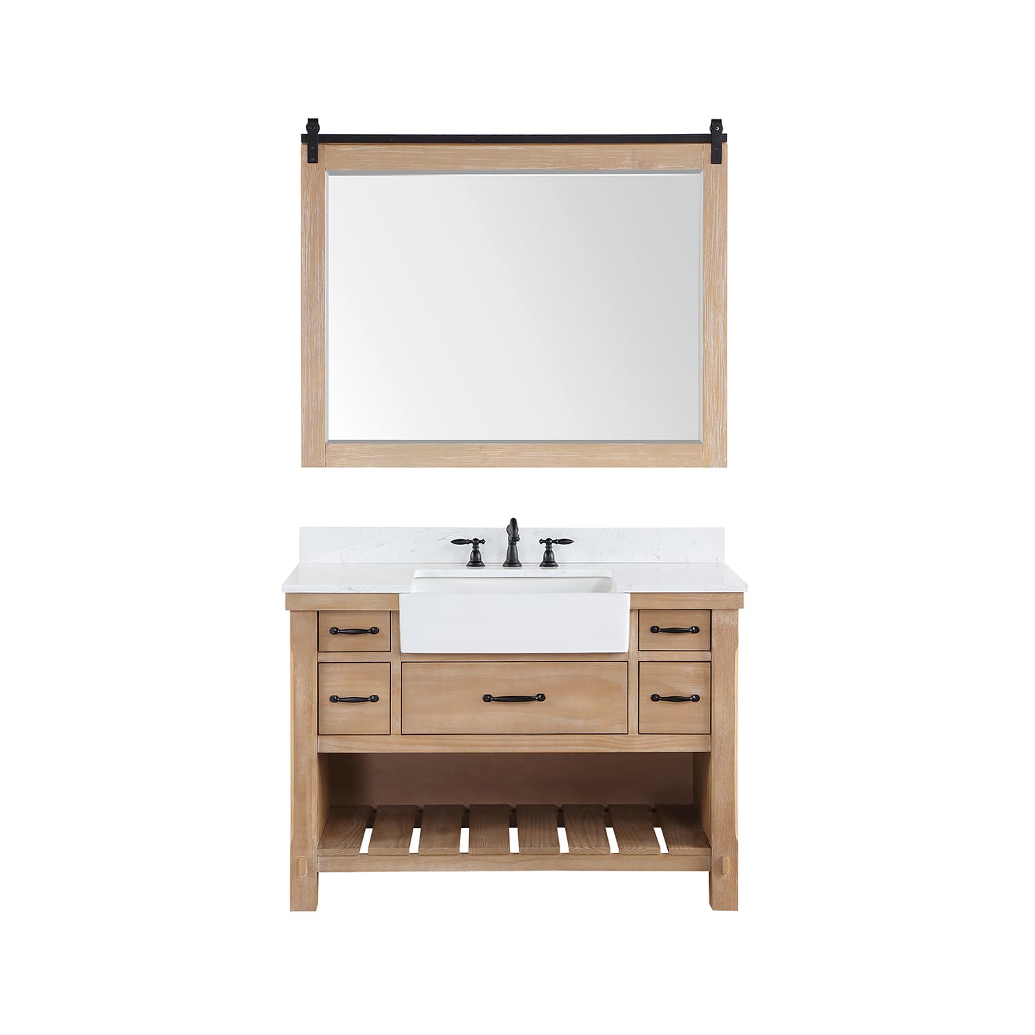 Villareal 48" Single Bath Vanity in Weathered Pine with Composite Stone Top in White, White Farmhouse Basin and Mirror material