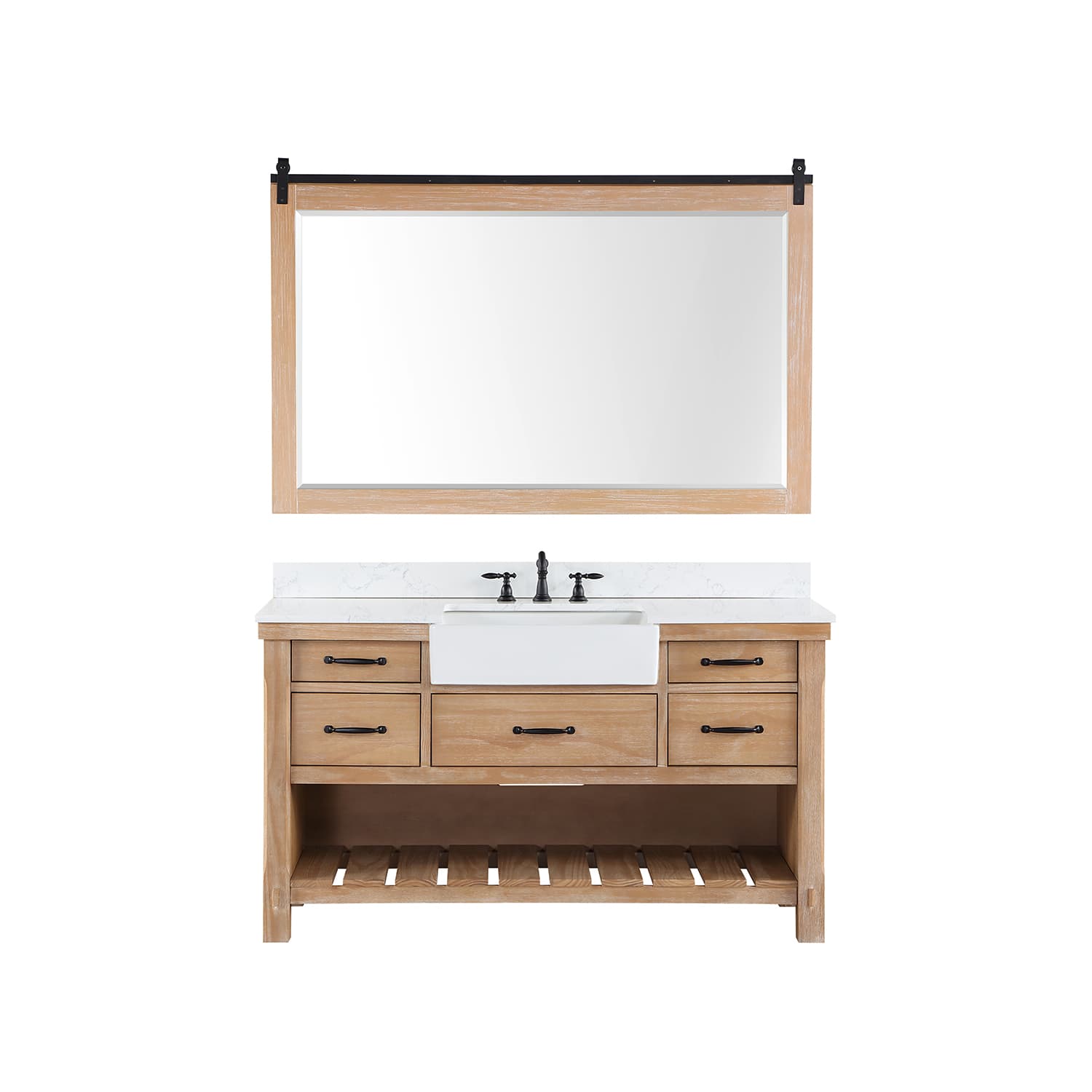 Villareal 60" Single Bath Vanity in Weathered Pine with Composite Stone Top in White, White Farmhouse Basin and Mirror material