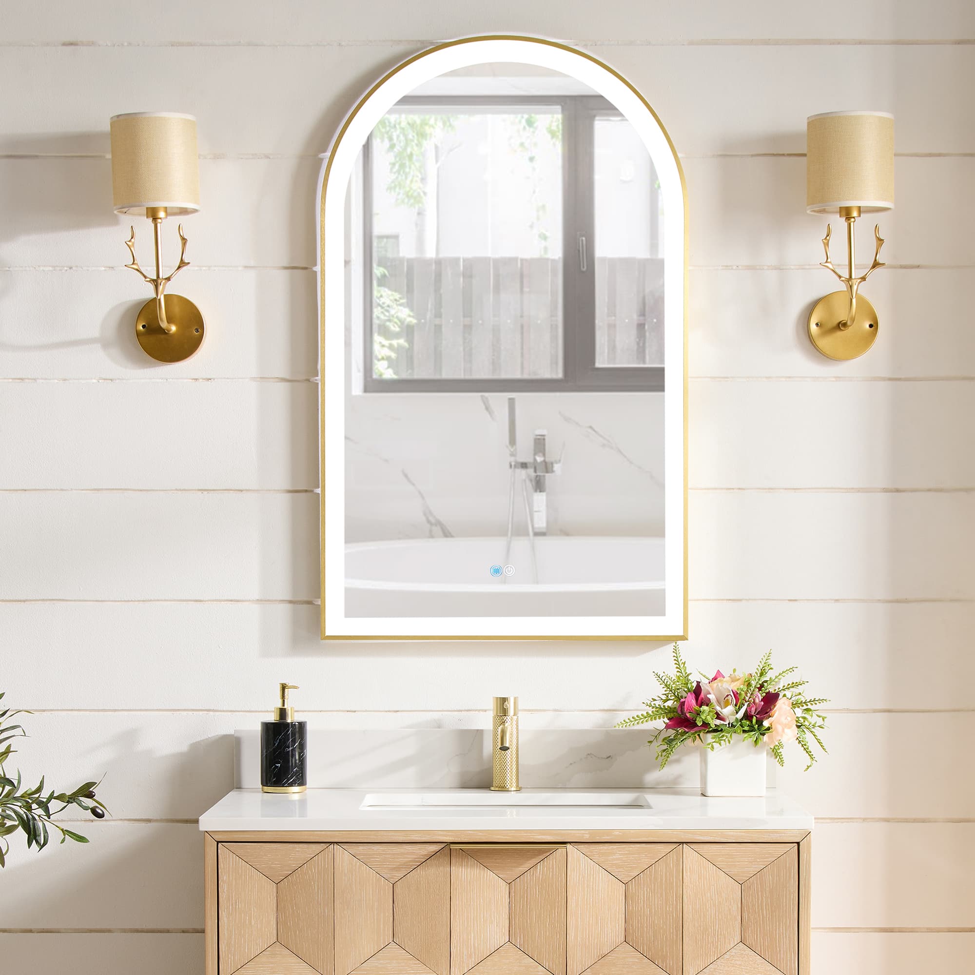 Estartit 24 in. W x 40 in. H Arch Aluminum Framed LED Wall Mount Bathroom Vanity Mirror in Brushed Gold material