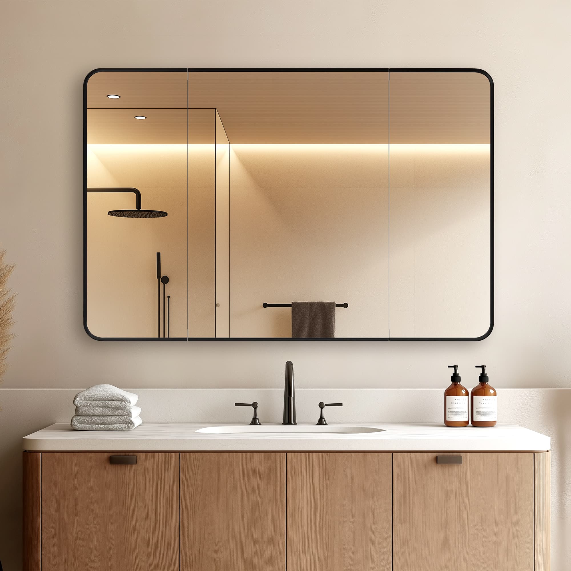 Talayuela 48 in. W x 32 in. H Rectangular Aluminum Framed Medicine Cabinet in Brushed Black material