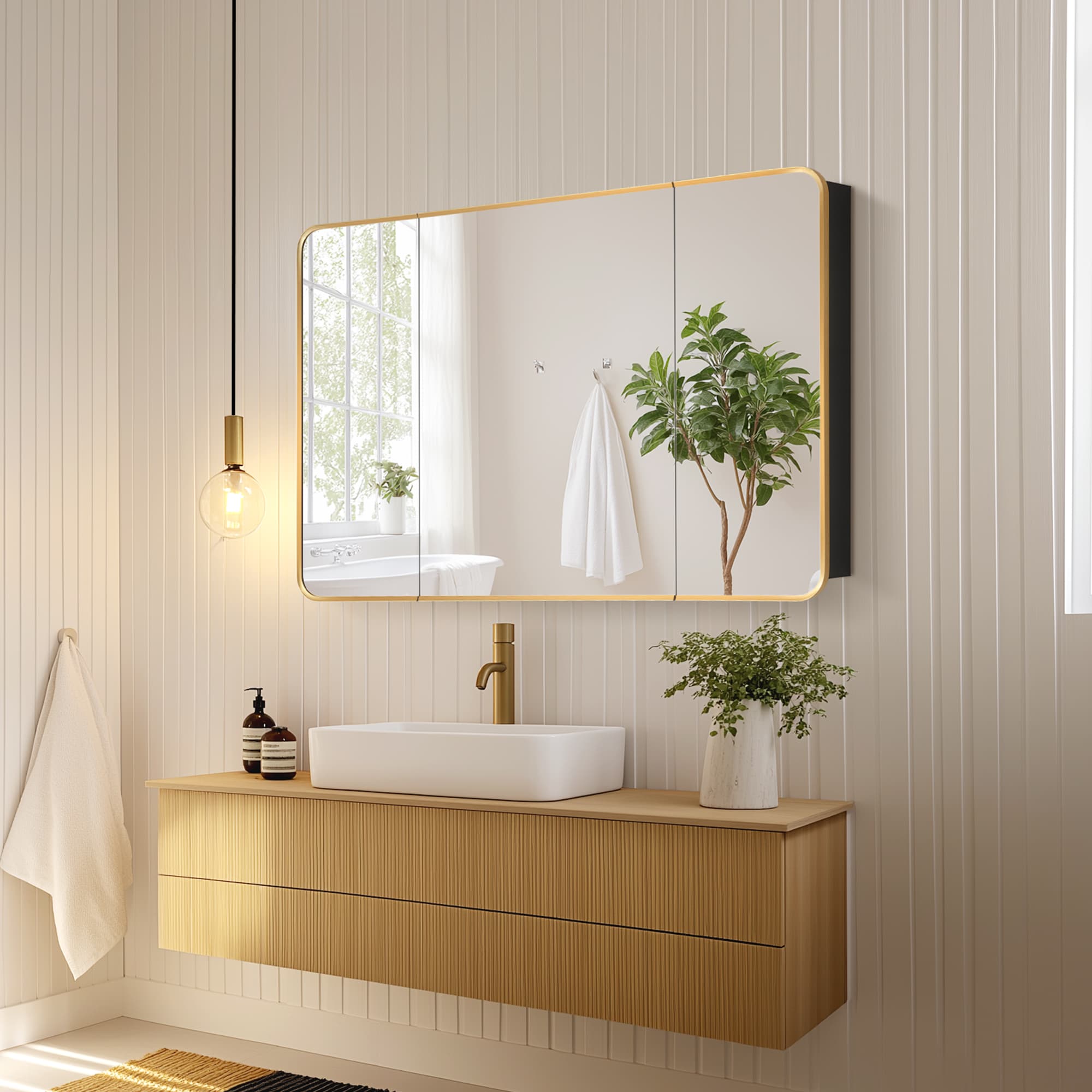Talayuela 48 in. W x 32 in. H Rectangular Aluminum Framed Medicine Cabinet in Brushed Gold material