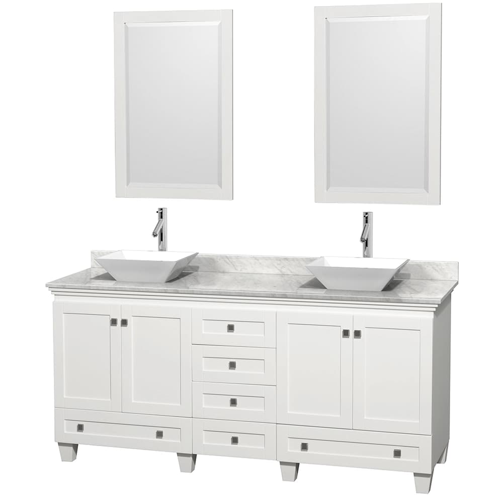 Acclaim 72 Inch Double Bathroom Vanity in White, White Carrara Marble Countertop, Pyra White Sinks, and 24 Inch Mirrors material