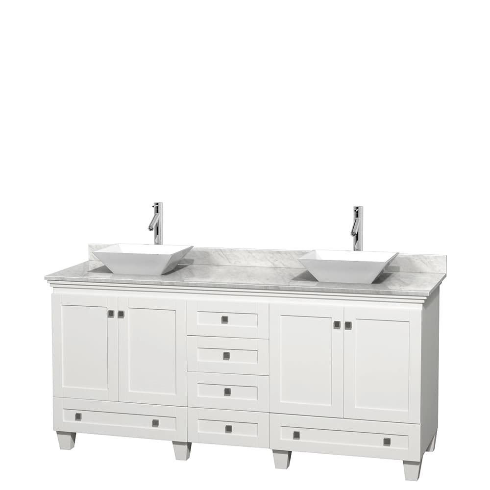 Acclaim 72 Inch Double Bathroom Vanity in White, White Carrara Marble Countertop, Pyra White Sinks, and No Mirrors material