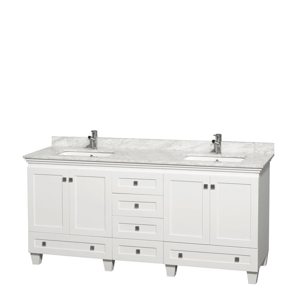 Acclaim 72 Inch Double Bathroom Vanity in White, White Carrara Marble Countertop, Undermount Square Sinks, and No Mirrors material