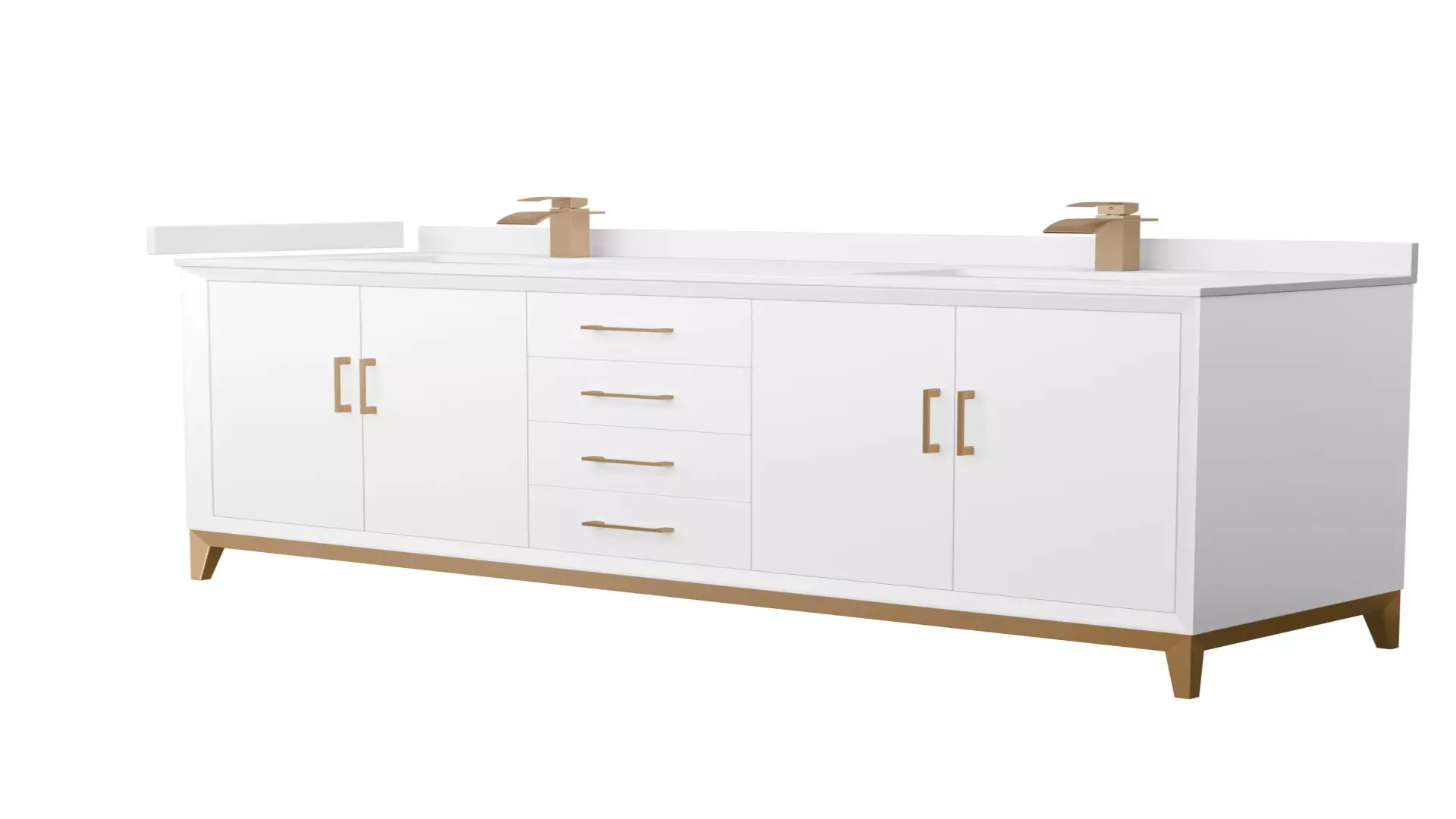 Amici 72 Inch Double Bathroom Vanity in White, White Cultured Marble Countertop, Undermount Square Sinks, Satin Bronze Trim material