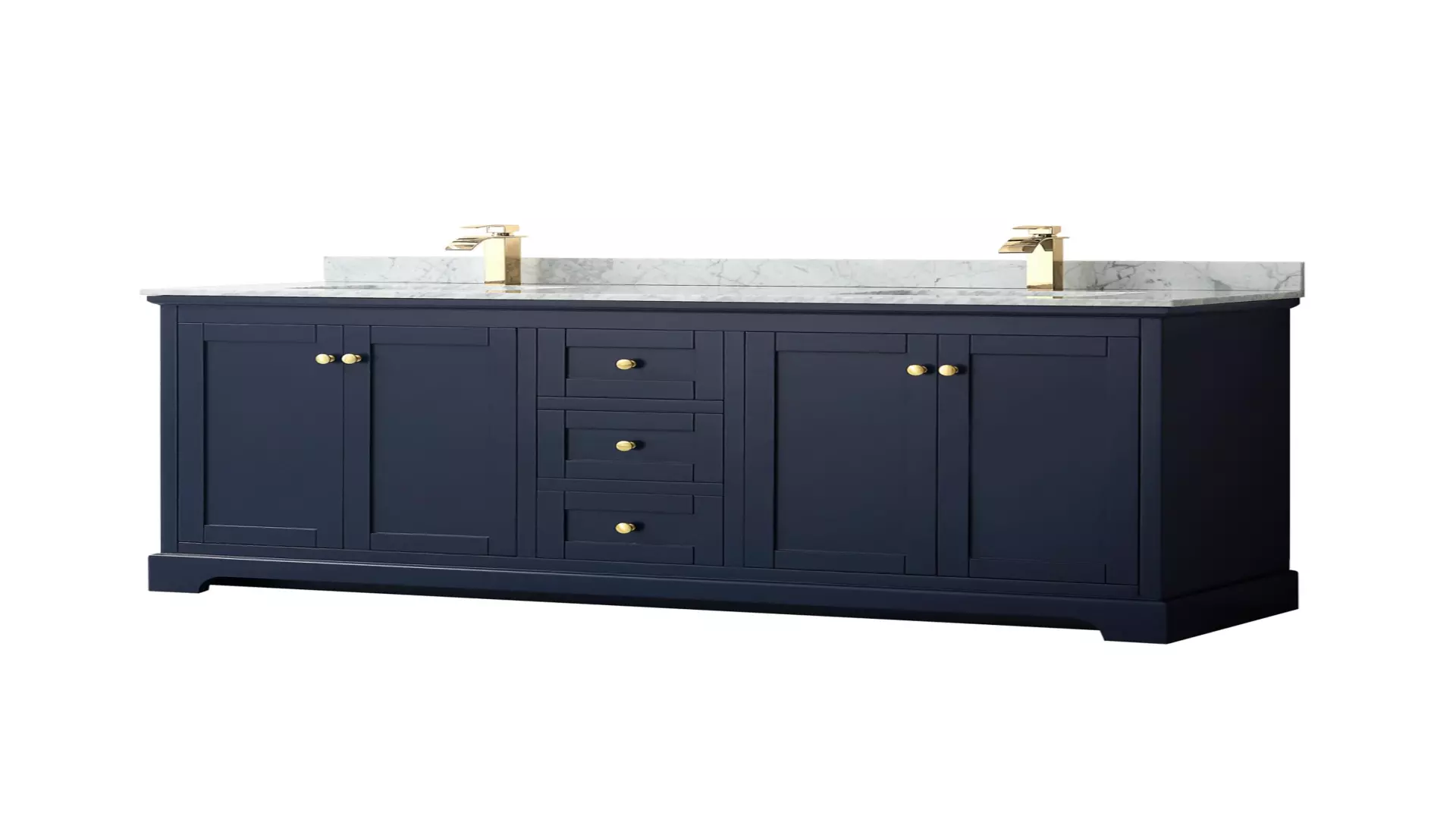 Avery 72 Inch Double Bathroom Vanity in Dark Blue, White Carrara Marble Countertop, Undermount Square Sinks, and No Mirror material