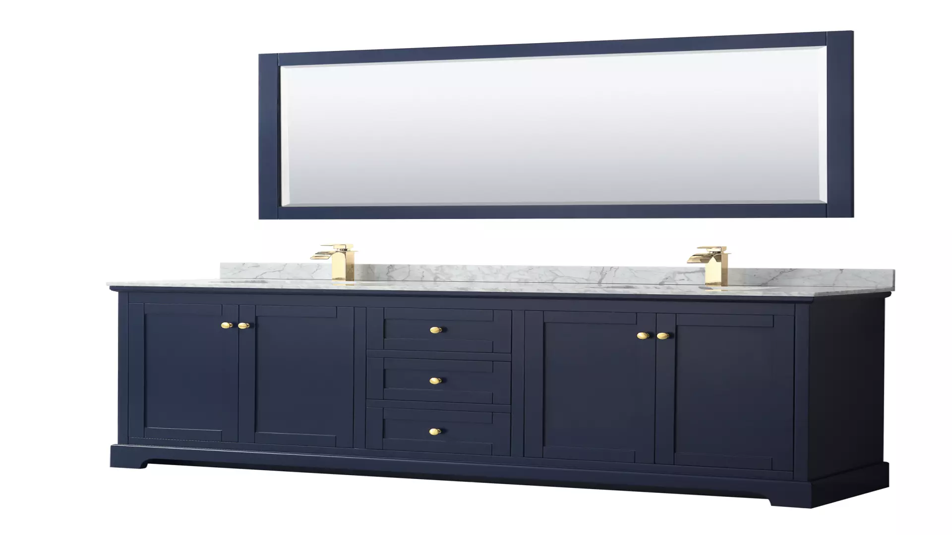 Avery 80 Inch Double Bathroom Vanity in Dark Blue, White Carrara Marble Countertop, Undermount Square Sinks, and 70 Inch Mirror material