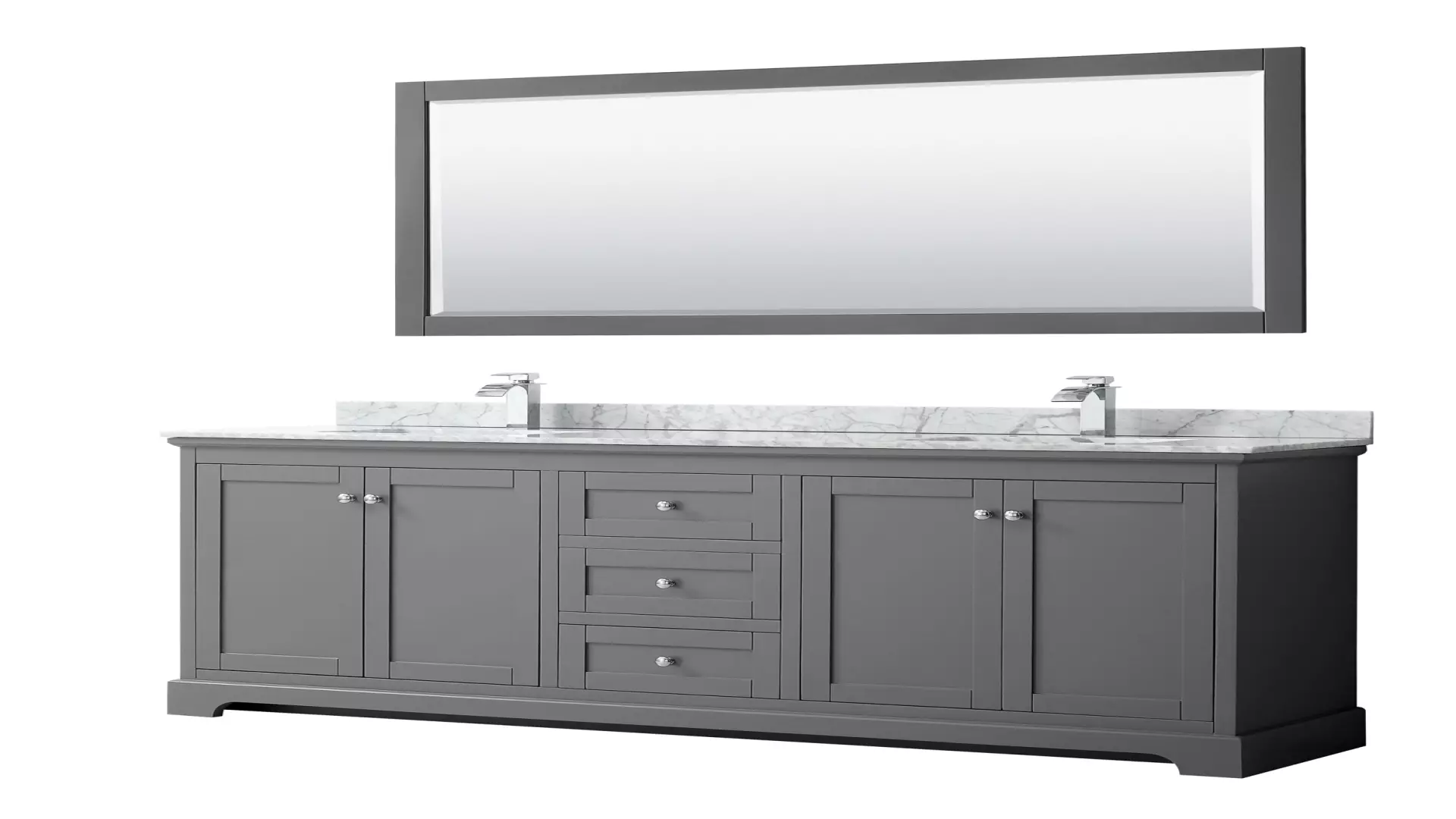 Avery 80 Inch Double Bathroom Vanity in Dark Gray, White Carrara Marble Countertop, Undermount Square Sinks, and 70 Inch Mirror material