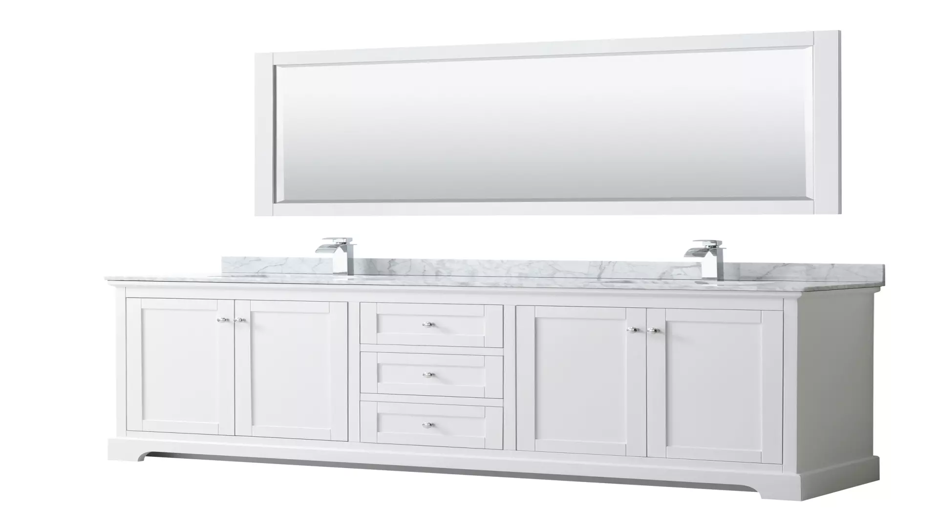 Avery 80 Inch Double Bathroom Vanity in White, White Carrara Marble Countertop, Undermount Square Sinks, and 70 Inch Mirror material