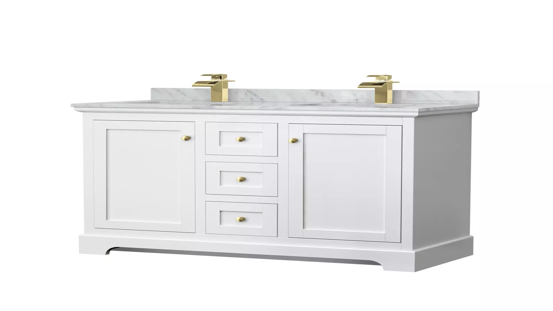 Avery 48 Inch Double Bathroom Vanity in White, White Carrara Marble Countertop, Undermount Square Sinks, Brushed Gold Trim material