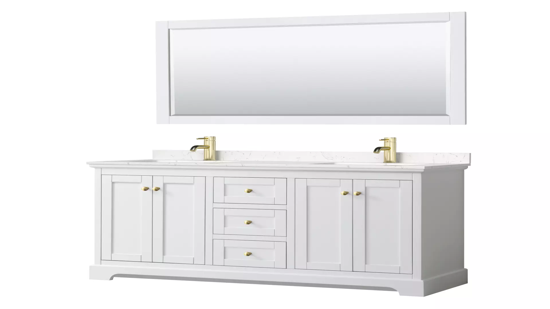 Avery 60 Inch Double Bathroom Vanity in White, Carrara Cultured Marble Countertop, Undermount Square Sinks, 58 Inch Mirror, Brushed Gold Trim material