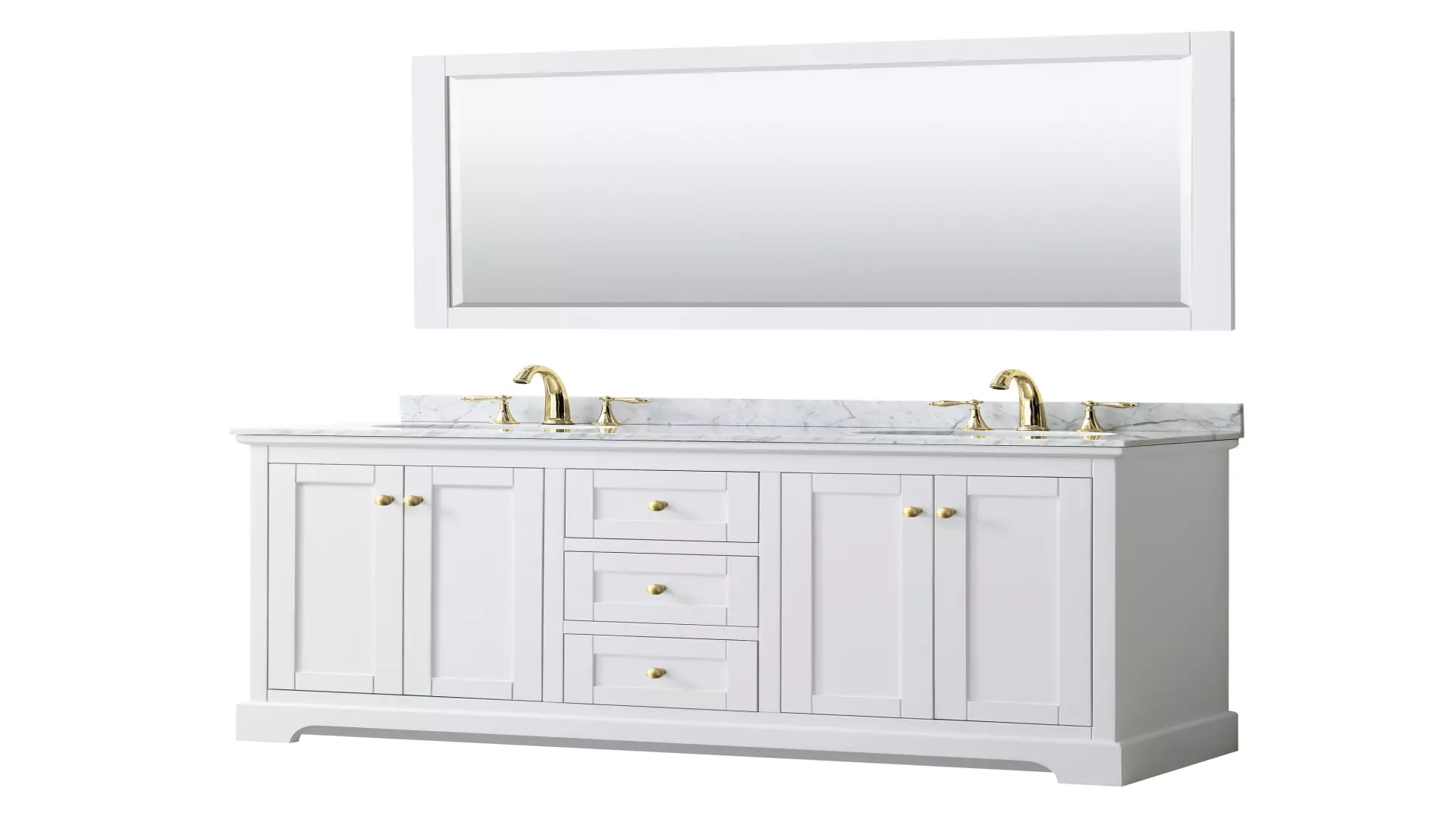 Avery 60 Inch Double Bathroom Vanity in White, White Carrara Marble Countertop, Undermount Oval Sinks, 58 Inch Mirror, Brushed Gold Trim material