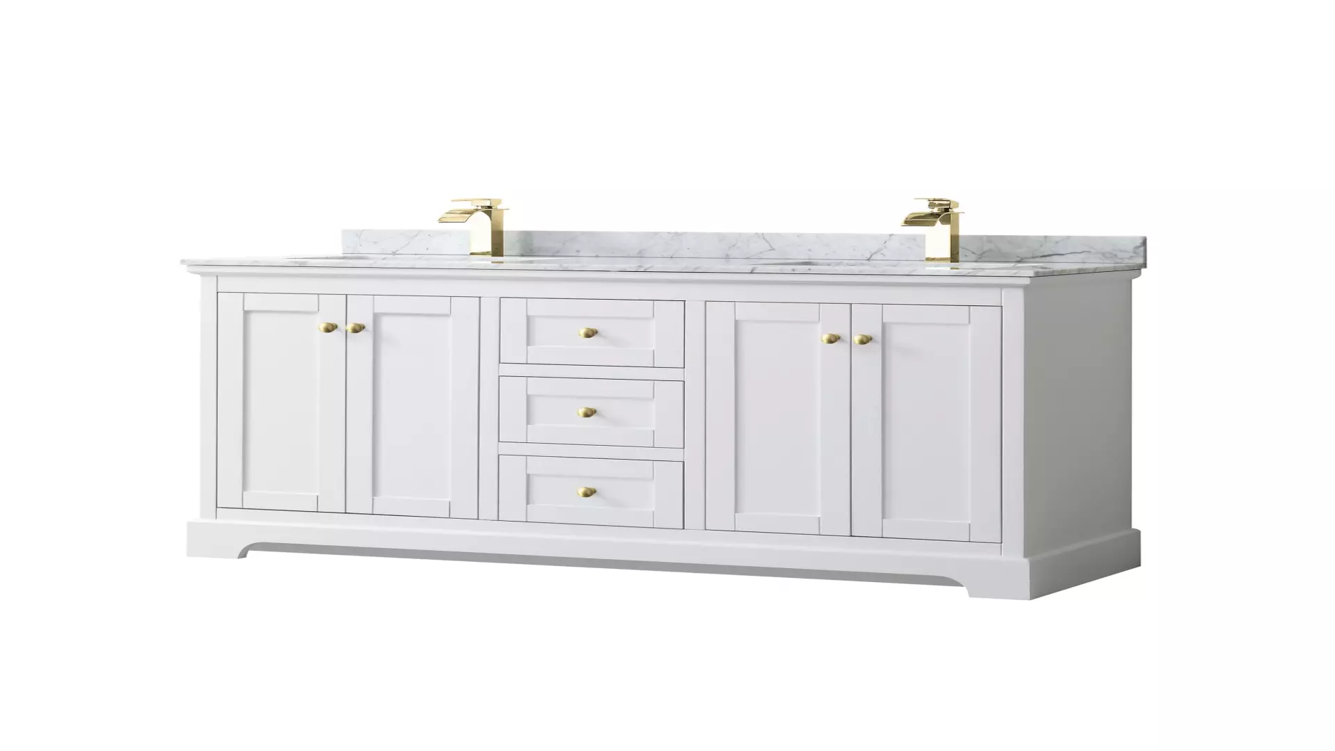 Avery 60 Inch Double Bathroom Vanity in White, White Carrara Marble Countertop, Undermount Square Sinks, Brushed Gold Trim material