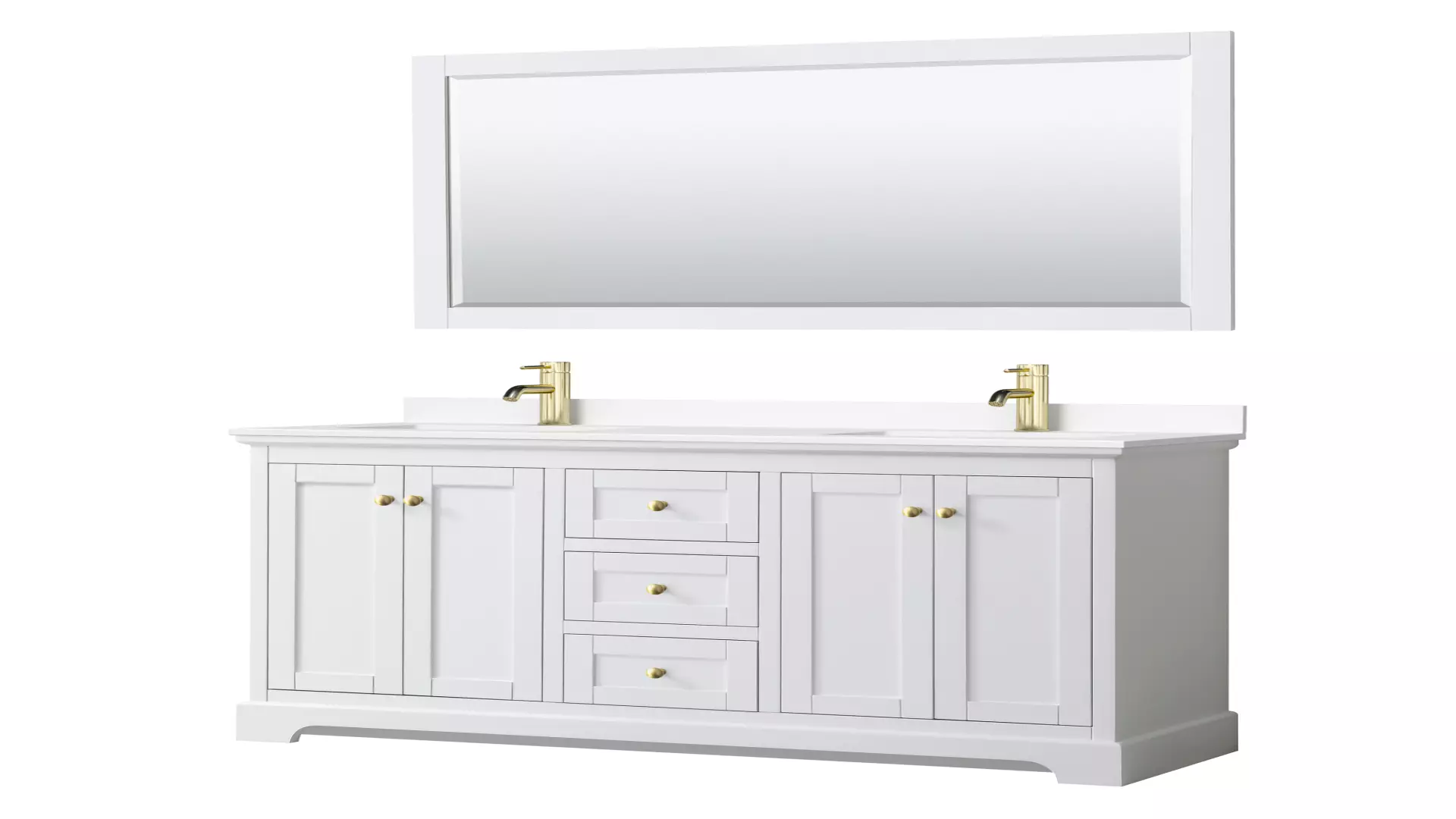 Avery 60 Inch Double Bathroom Vanity in White, White Cultured Marble Countertop, Undermount Square Sinks, 58 Inch Mirror, Brushed Gold Trim material