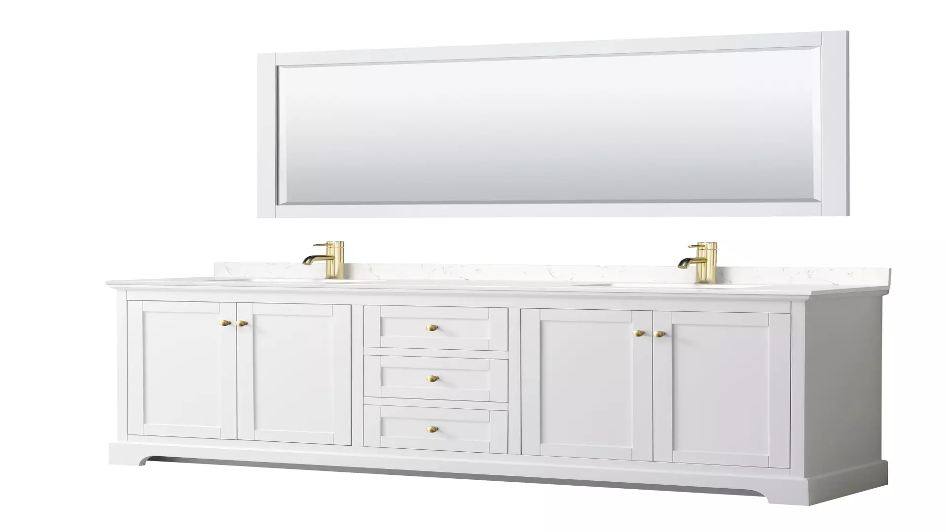 Avery 80 Inch Double Bathroom Vanity in White, Carrara Cultured Marble Countertop, Undermount Square Sinks, 70 Inch Mirror, Brushed Gold Trim material