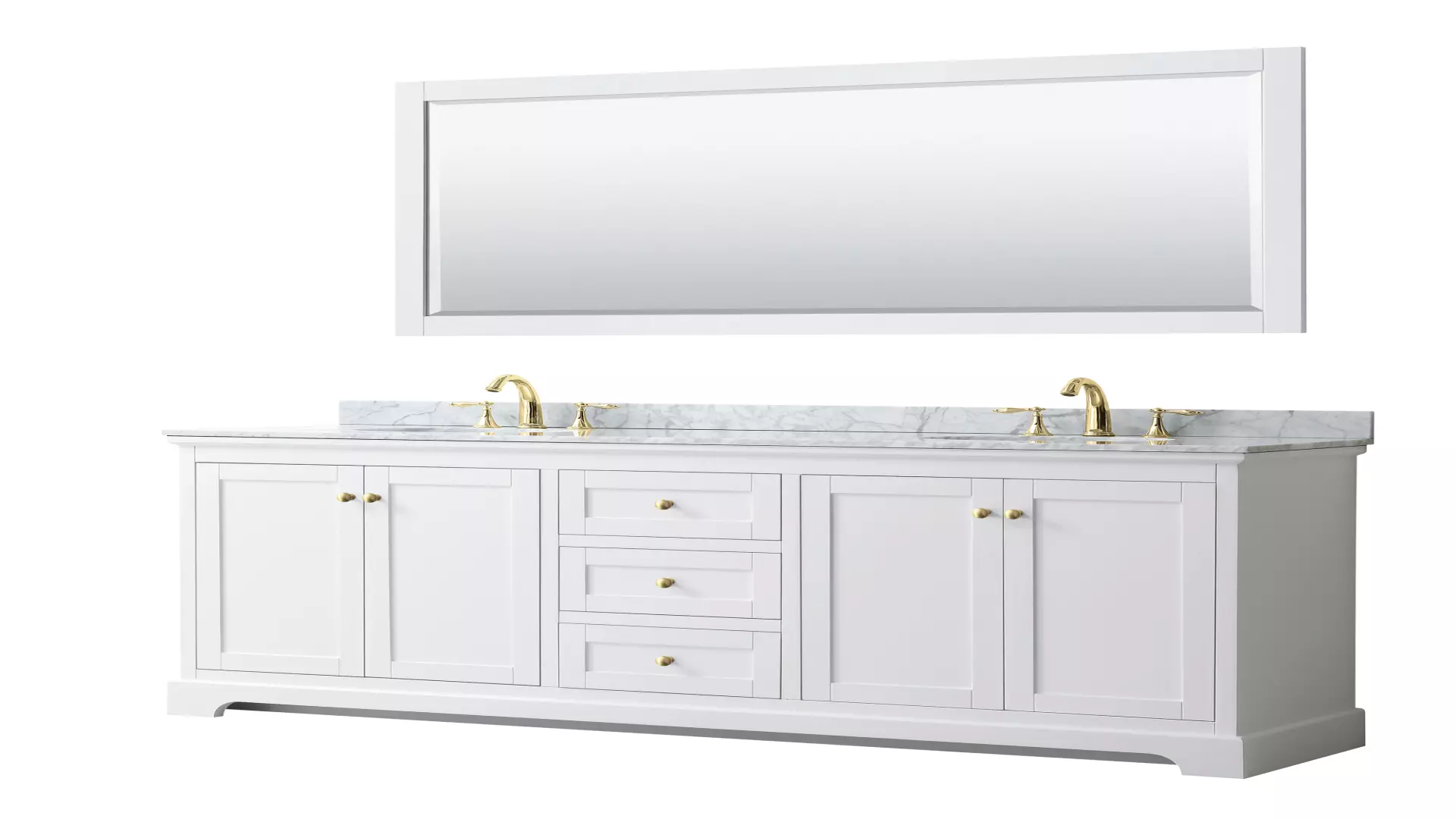 Avery 80 Inch Double Bathroom Vanity in White, White Carrara Marble Countertop, Undermount Oval Sinks, 70 Inch Mirror, Brushed Gold Trim material