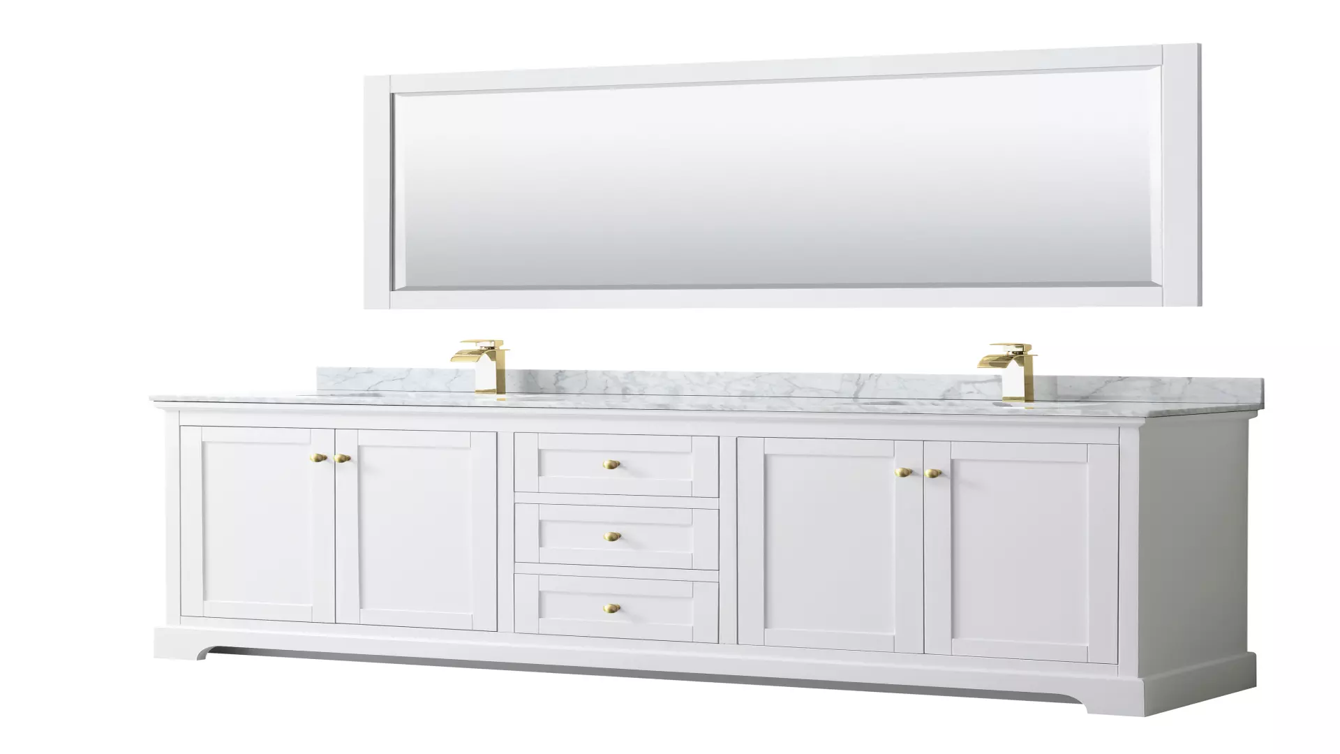 Avery 80 Inch Double Bathroom Vanity in White, White Carrara Marble Countertop, Undermount Square Sinks, 70 Inch Mirror, Brushed Gold Trim material