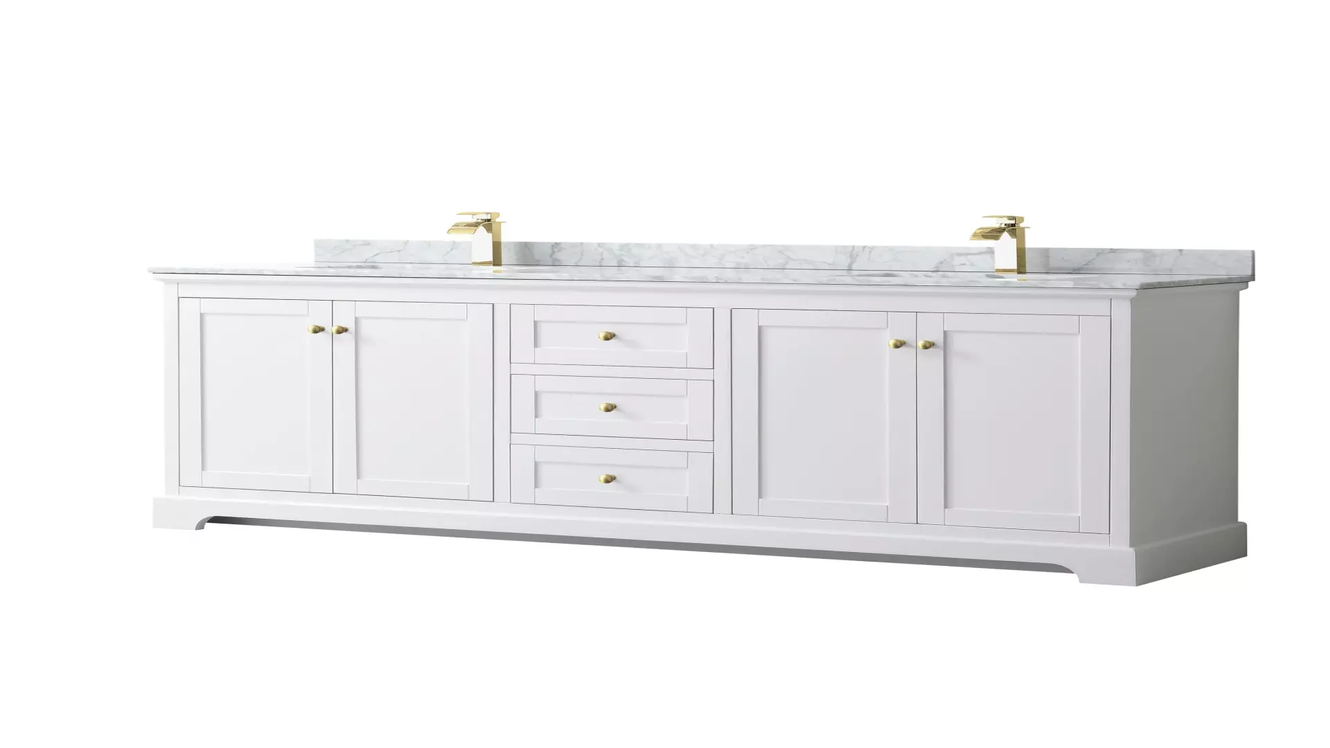 Avery 80 Inch Double Bathroom Vanity in White, White Carrara Marble Countertop, Undermount Square Sinks, Brushed Gold Trim material