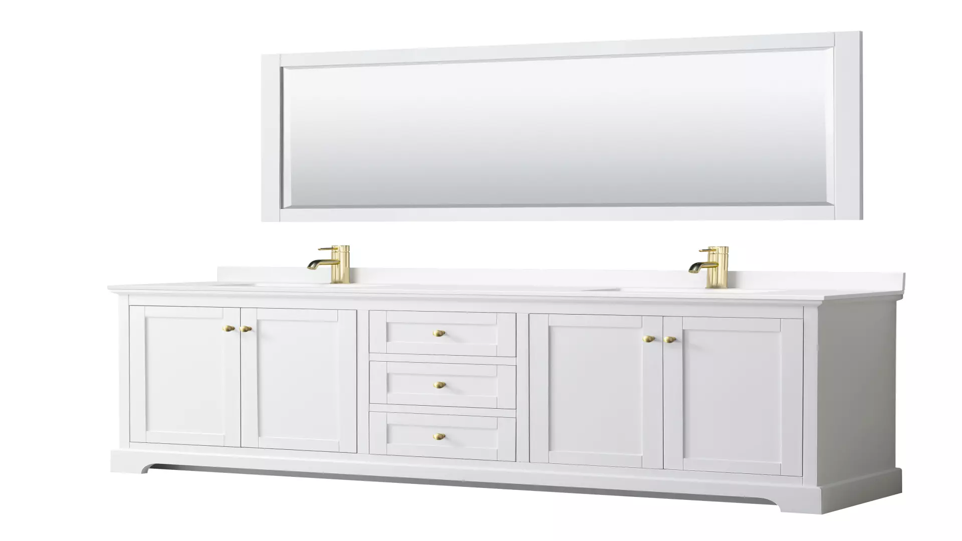 Avery 80 Inch Double Bathroom Vanity in White, White Cultured Marble Countertop, Undermount Square Sinks, 70 Inch Mirror, Brushed Gold Trim material