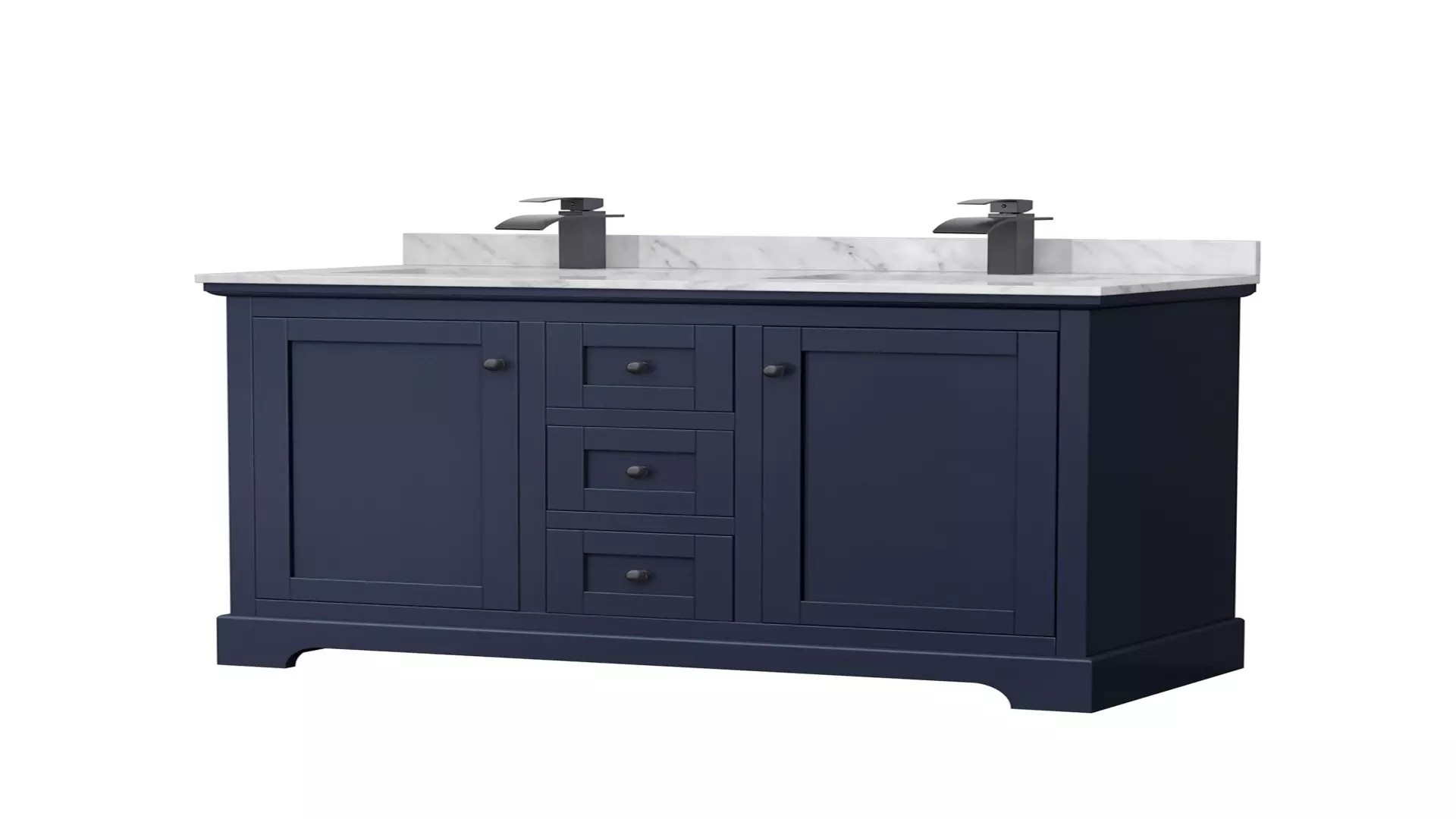 Avery 48 Inch Double Bathroom Vanity in Dark Blue, White Carrara Marble Countertop, Undermount Square Sinks, Matte Black Trim material