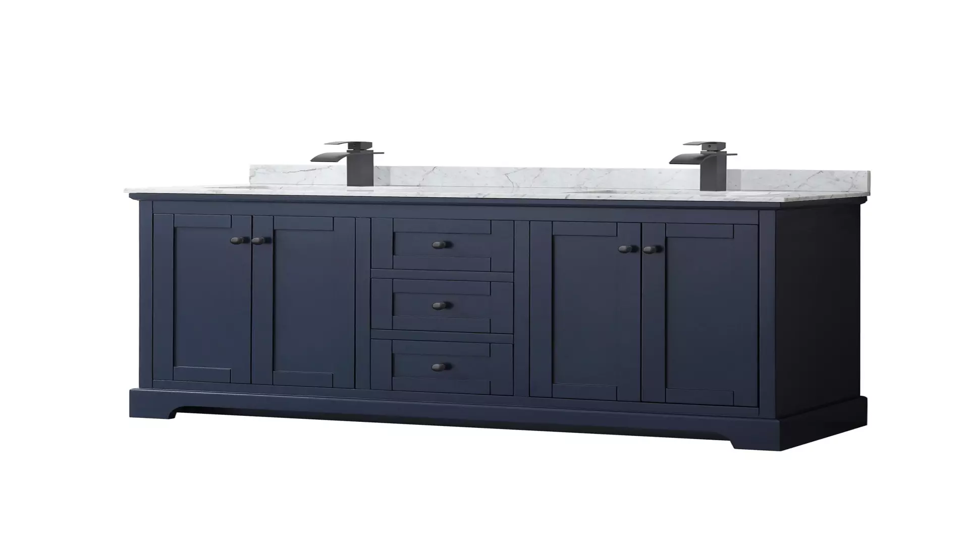 Avery 60 Inch Double Bathroom Vanity in Dark Blue, White Carrara Marble Countertop, Undermount Square Sinks, Matte Black Trim material
