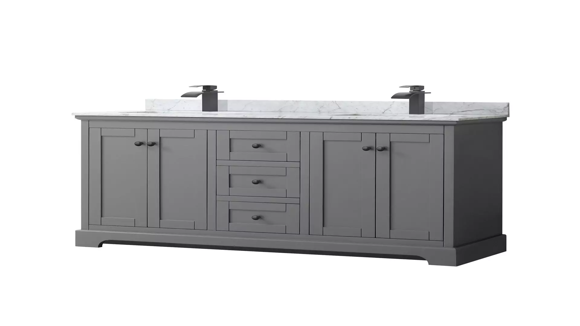 Avery 60 Inch Double Bathroom Vanity in Dark Gray, White Carrara Marble Countertop, Undermount Square Sinks, Matte Black Trim material