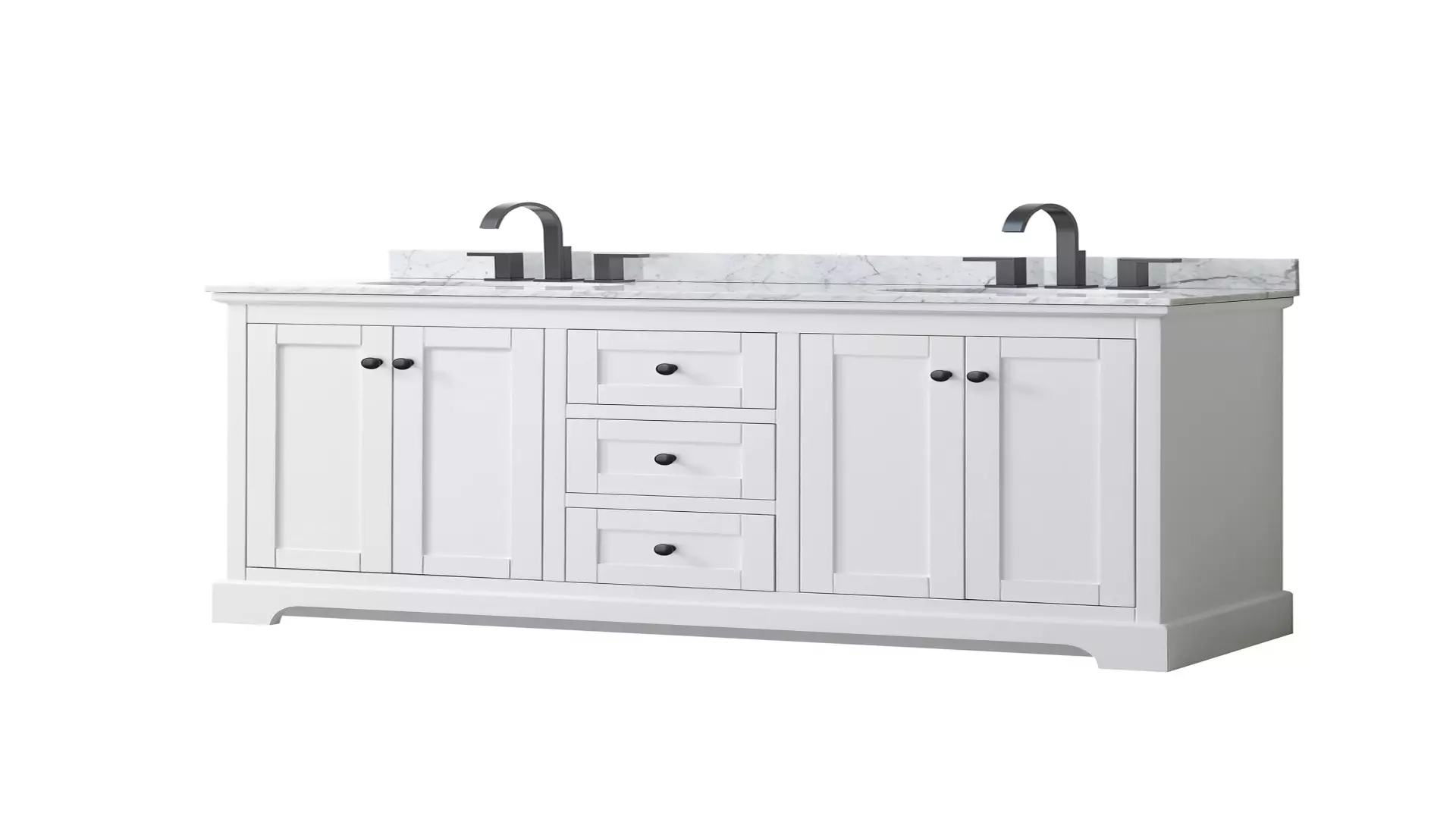 Avery 60 Inch Double Bathroom Vanity in White, White Carrara Marble Countertop, Undermount Oval Sinks, Matte Black Trim material