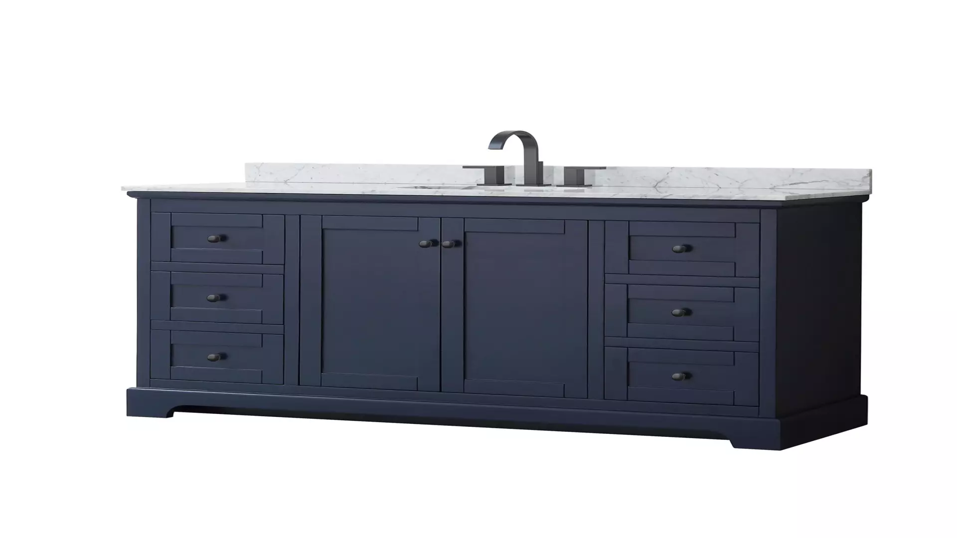 Avery 60 Inch Single Bathroom Vanity in Dark Blue, White Carrara Marble Countertop, Undermount Oval Sink, Matte Black Trim material