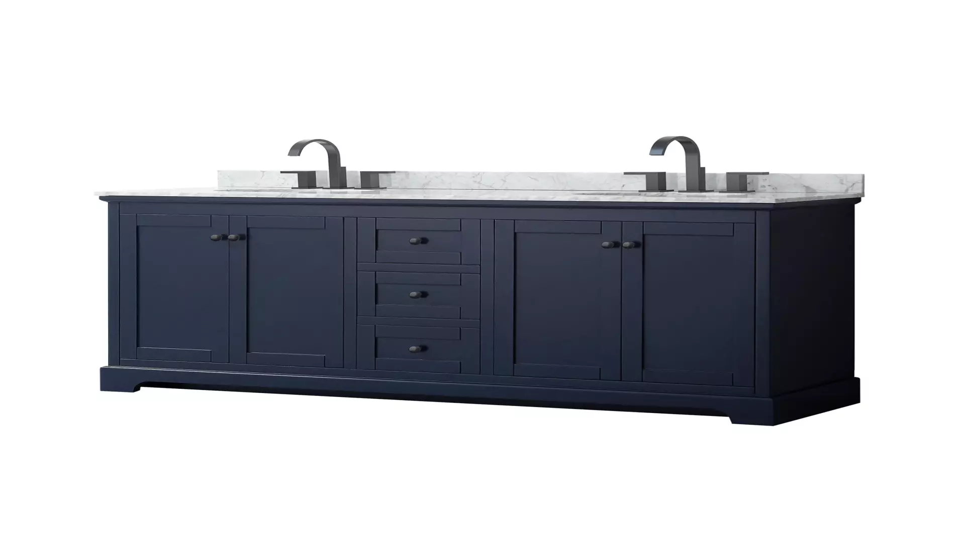 Avery 72 Inch Double Bathroom Vanity in Dark Blue, White Carrara Marble Countertop, Undermount Oval Sinks, Matte Black Trim material